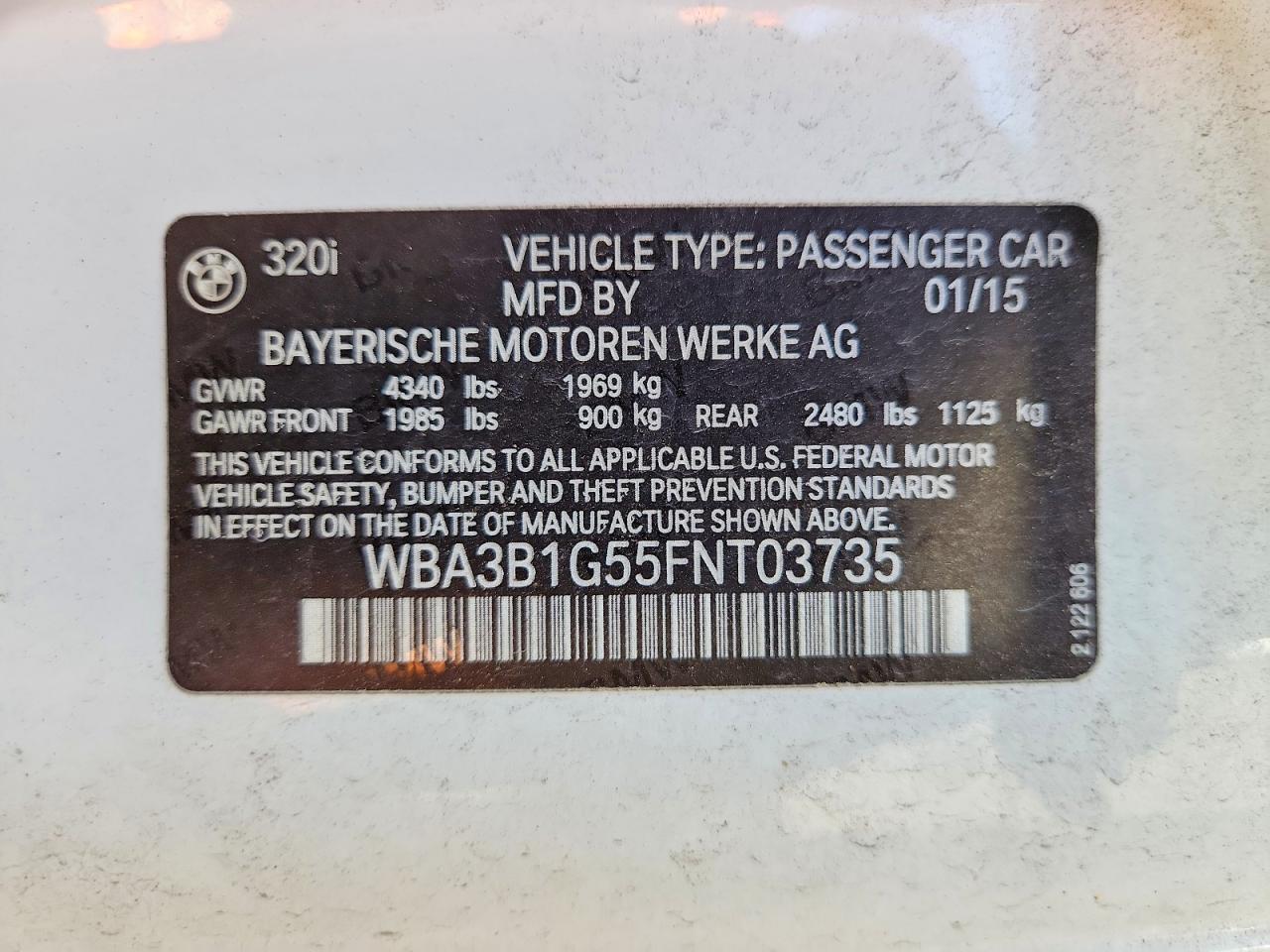 2015 Bmw 320 I White vin: WBA3B1G55FNT03735