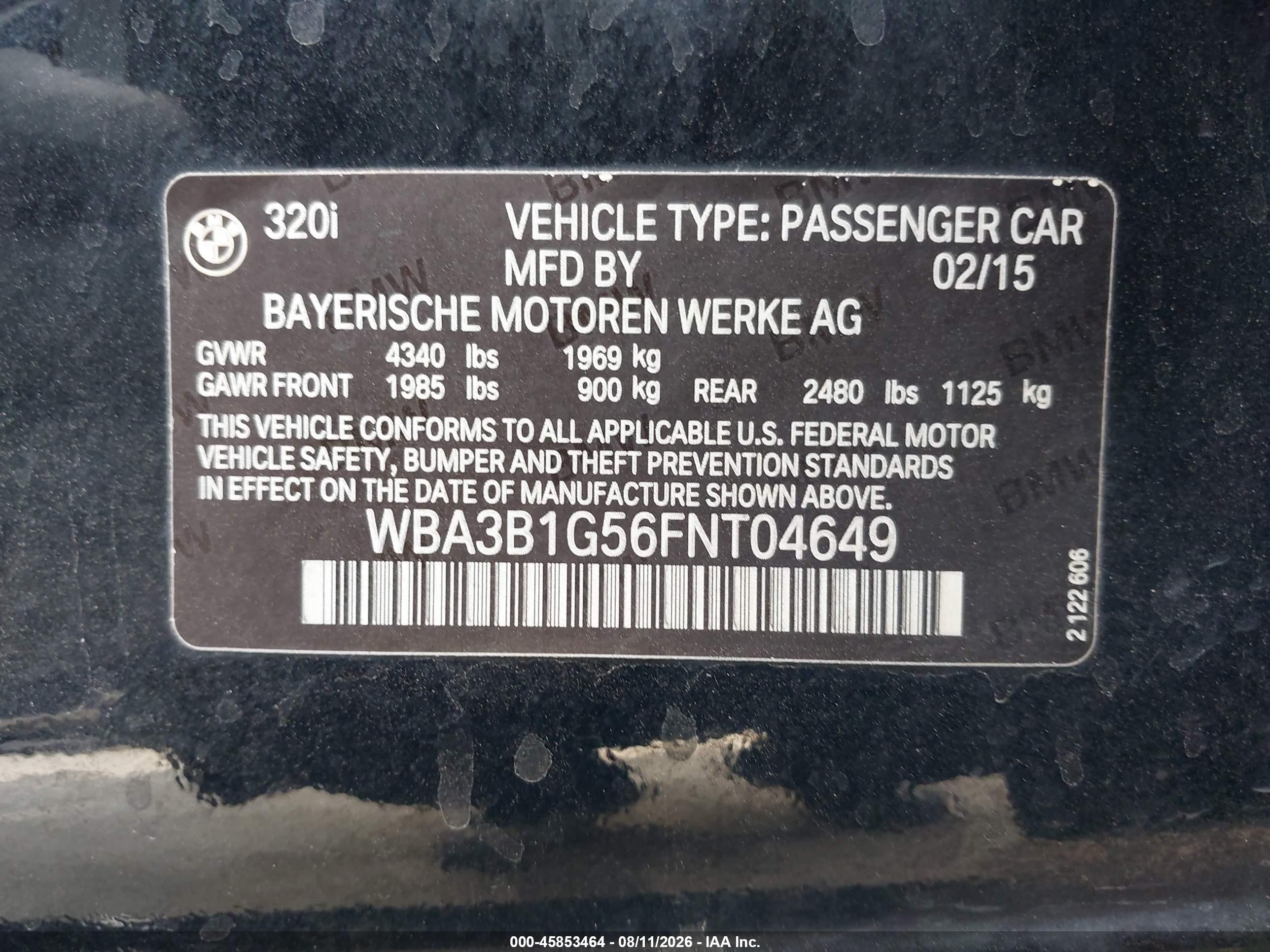 2015 Bmw 320i   Черный vin: WBA3B1G56FNT04649