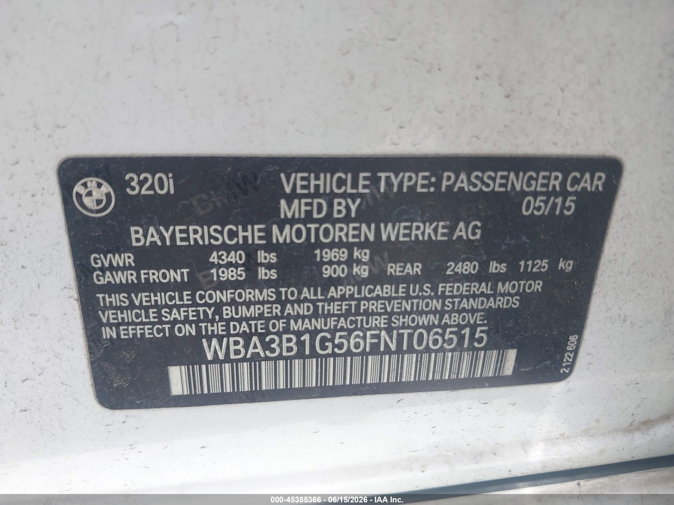 2015 Bmw 320i   White vin: WBA3B1G56FNT06515