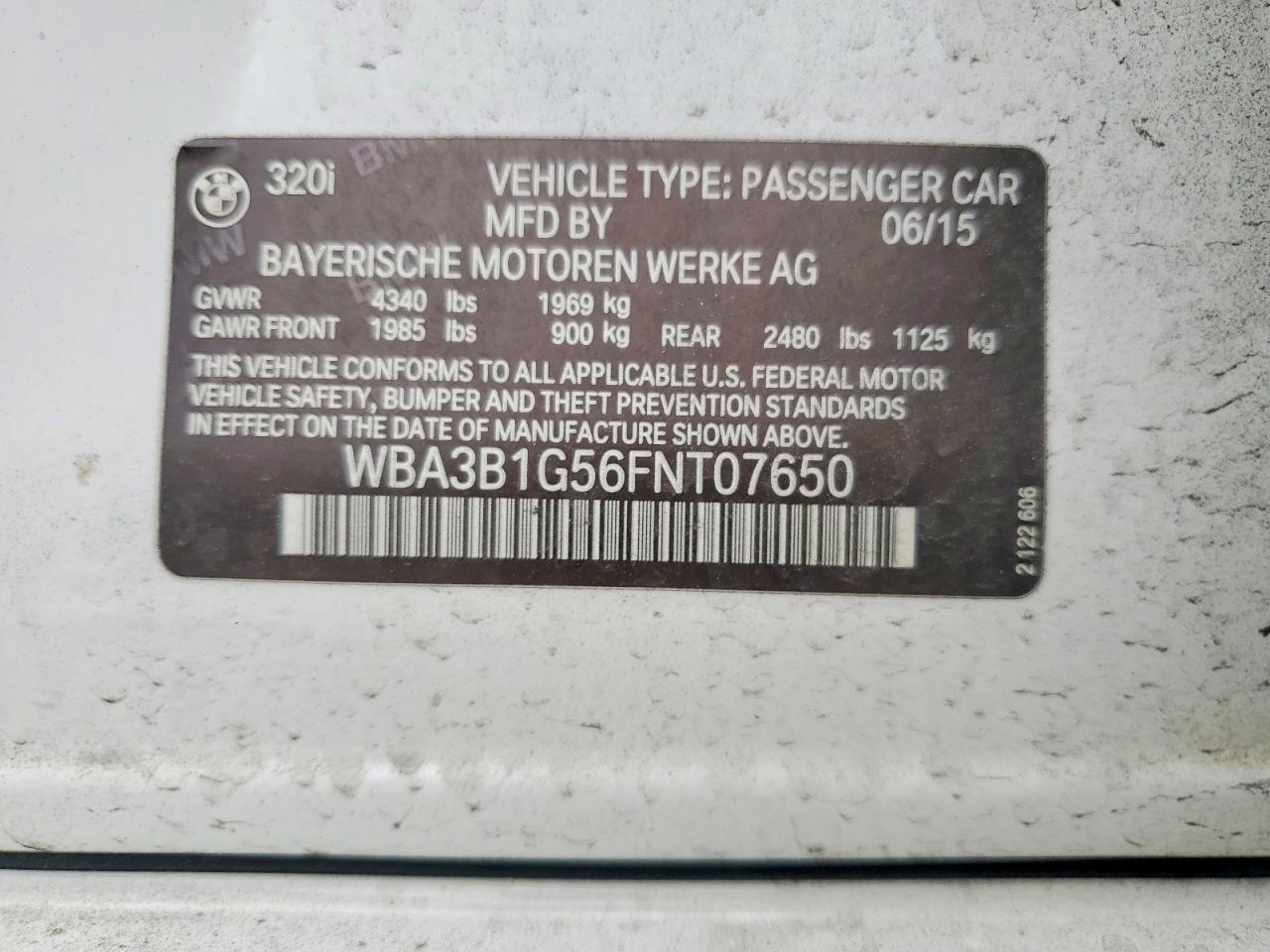 2015 Bmw 320 I White vin: WBA3B1G56FNT07650