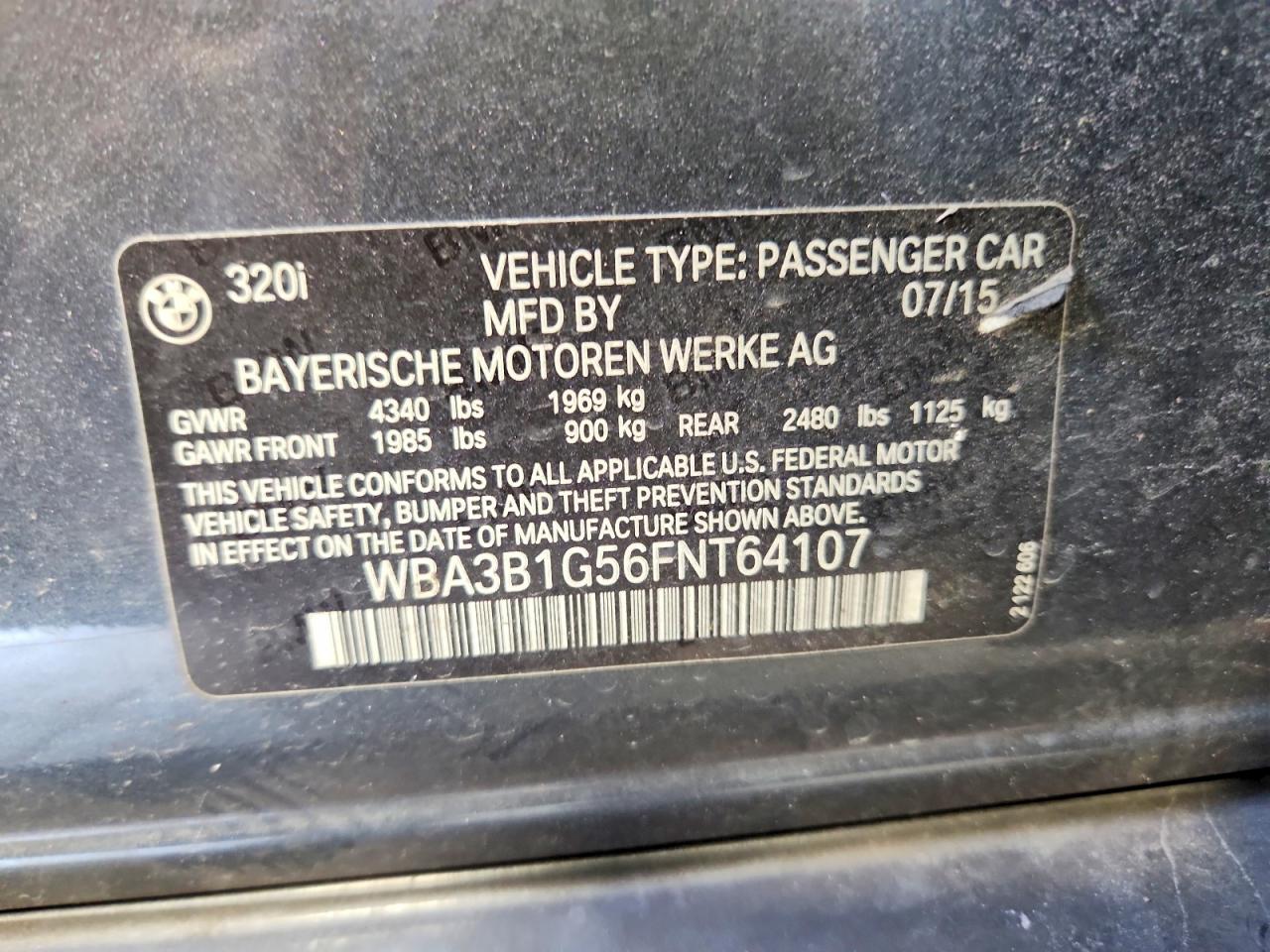 2015 Bmw 320 I Серый vin: WBA3B1G56FNT64107