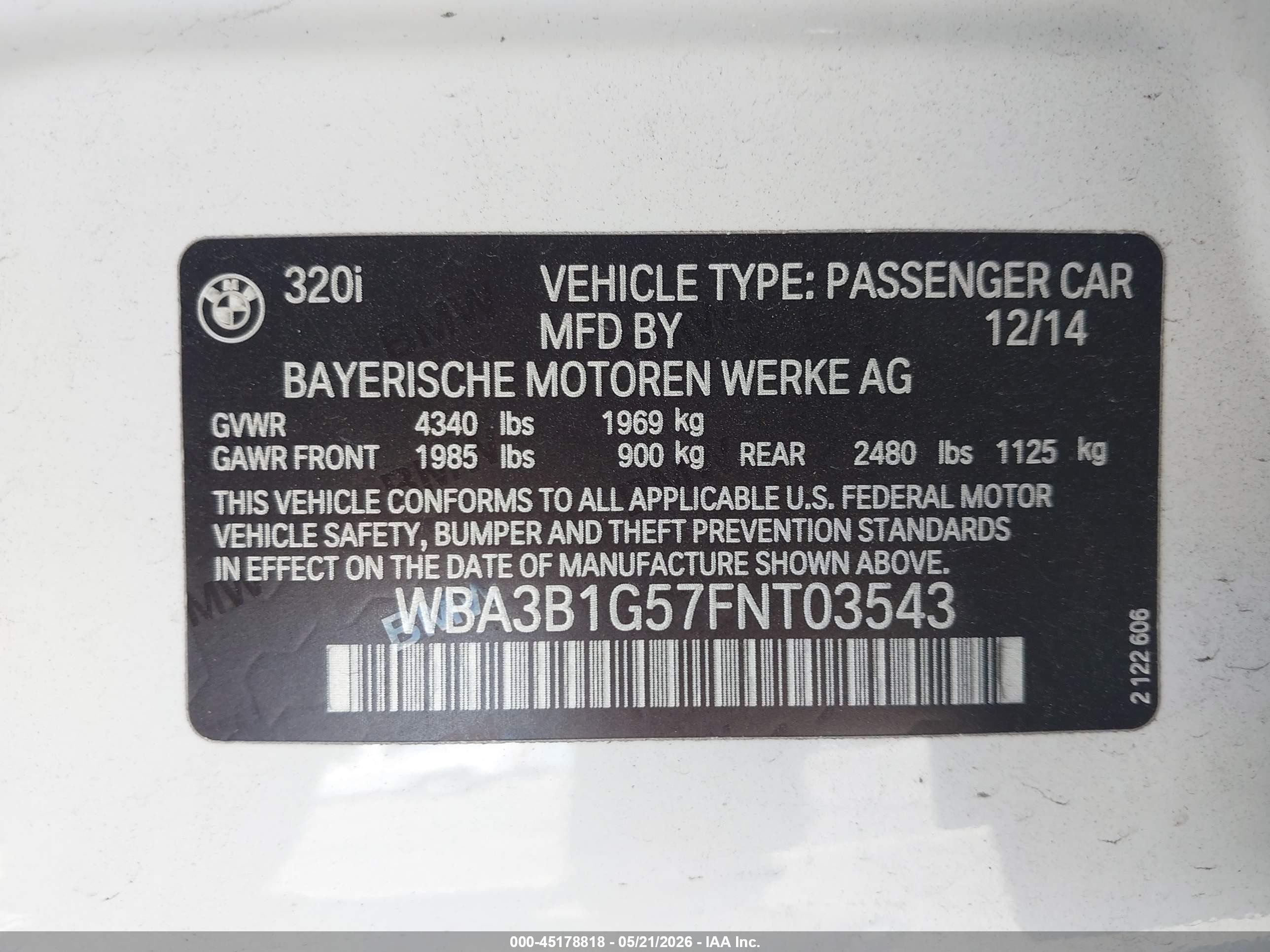 2015 Bmw 320i White vin: WBA3B1G57FNT03543