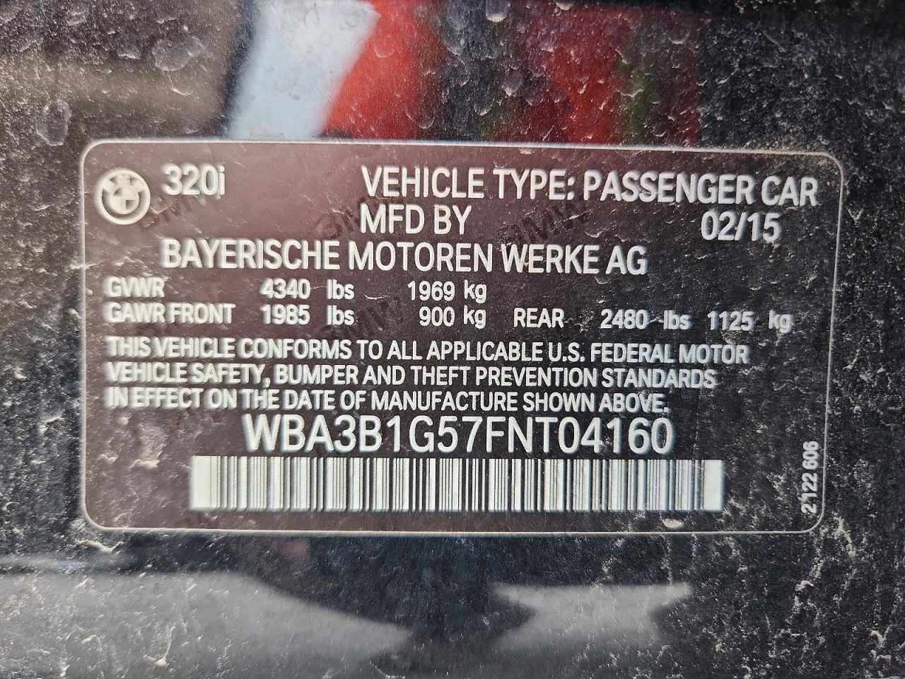 2015 Bmw 320 I Black vin: WBA3B1G57FNT04160