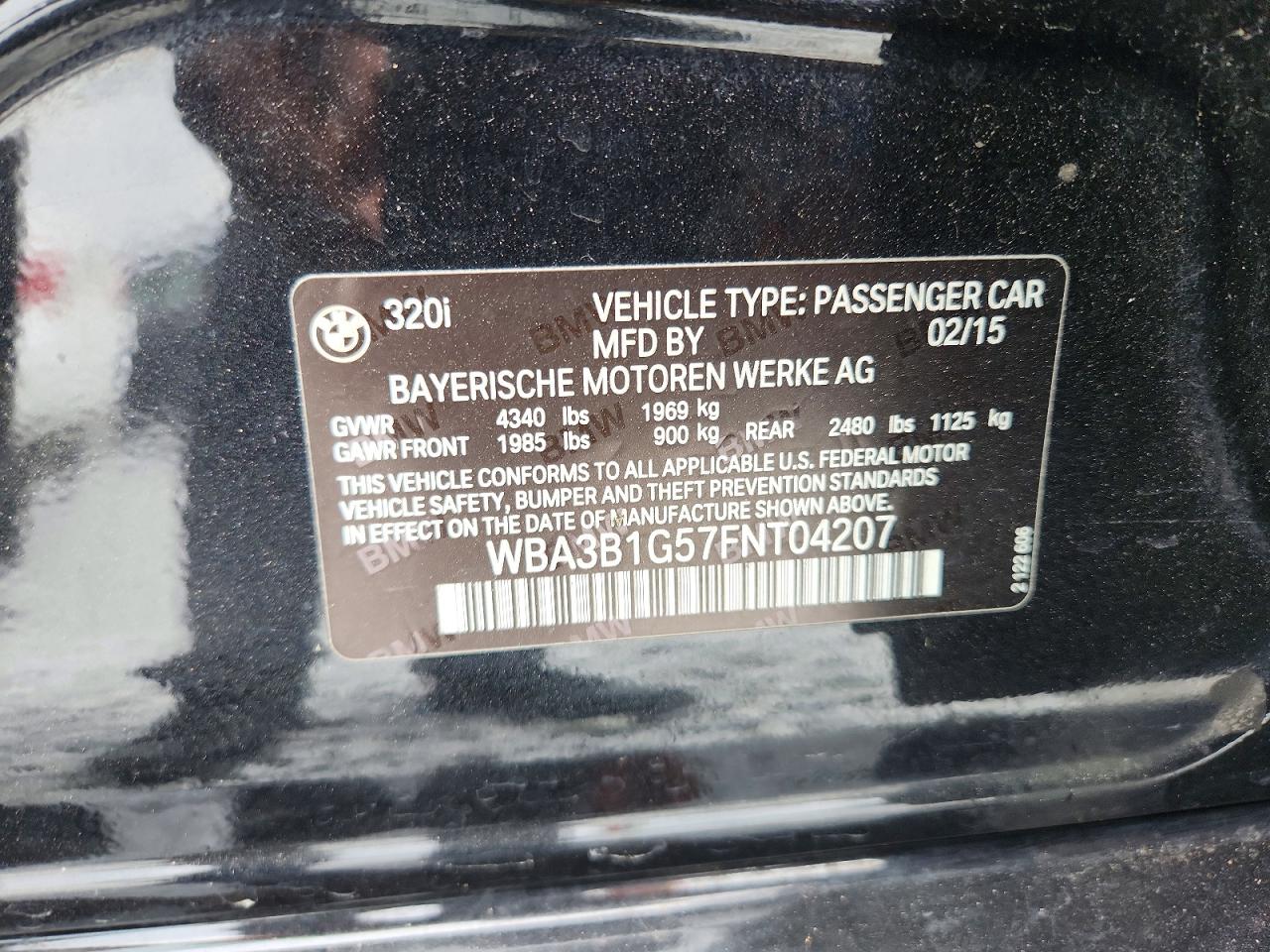 2015 Bmw 320 I Black vin: WBA3B1G57FNT04207