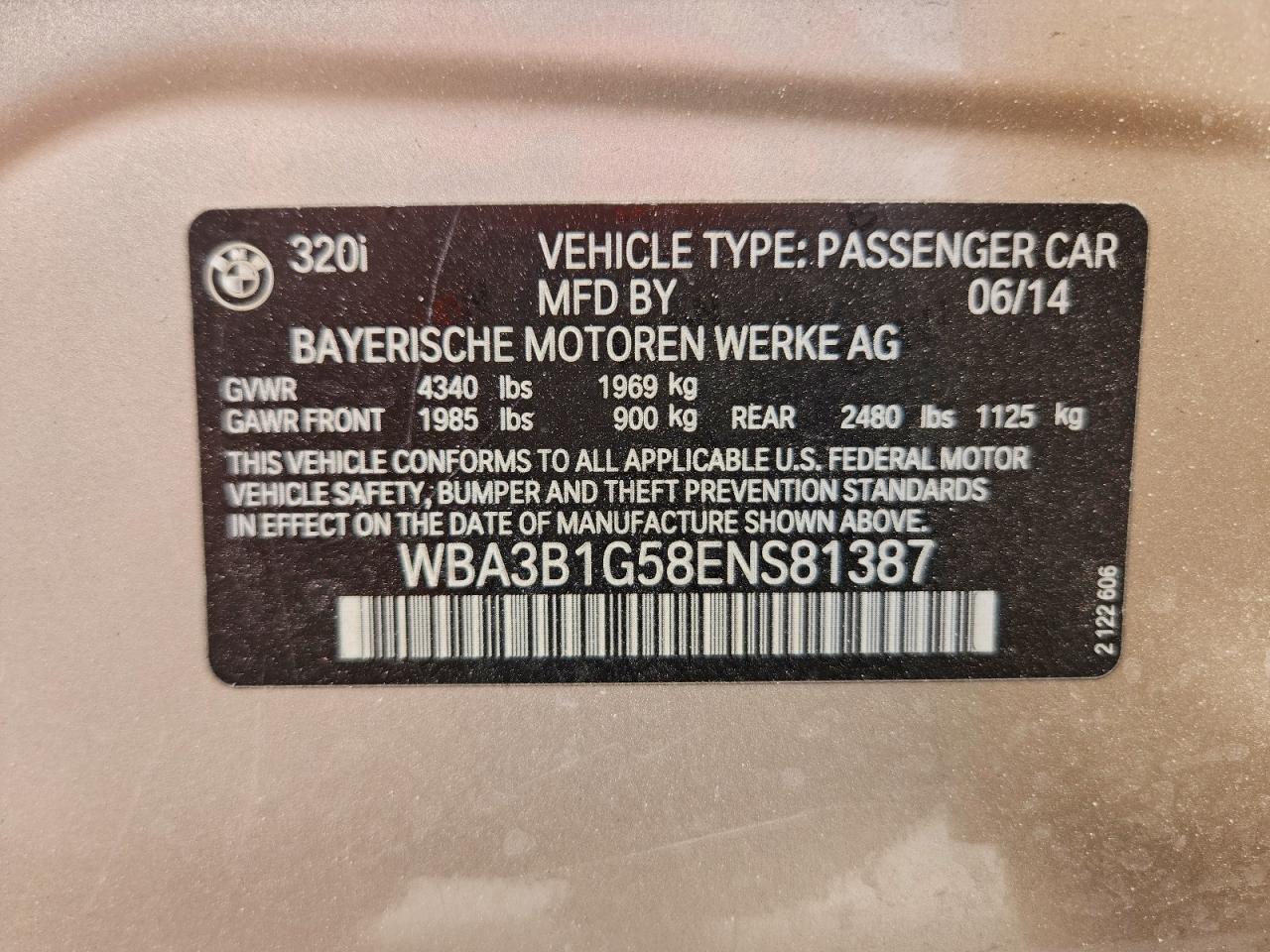 2014 Bmw 320 I Beige vin: WBA3B1G58ENS81387