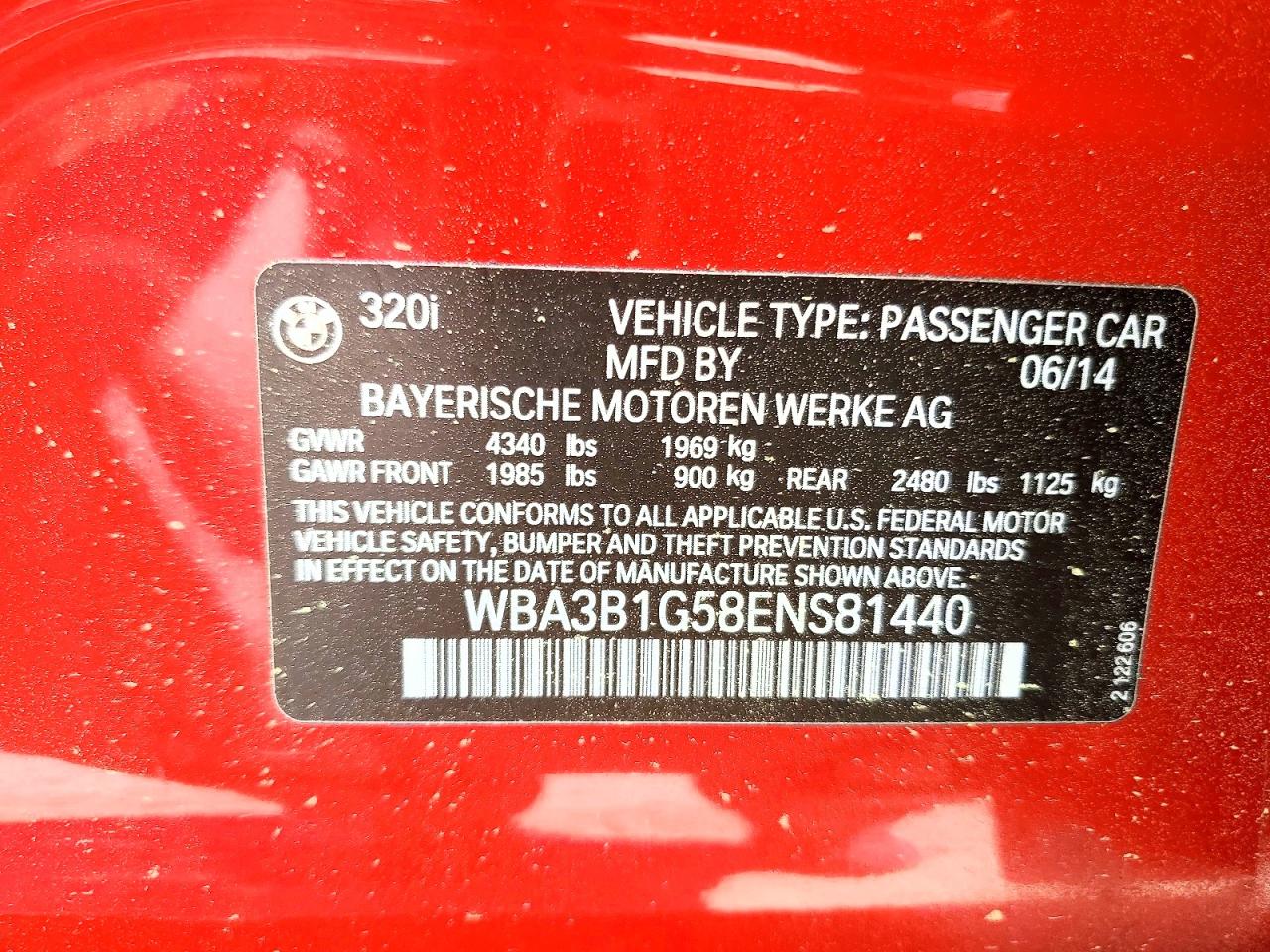 2014 Bmw 320 I Red vin: WBA3B1G58ENS81440