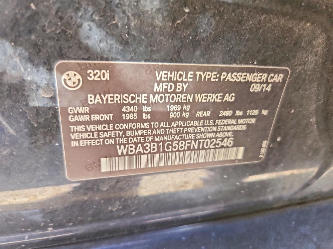 2015 Bmw 320 I Black vin: WBA3B1G58FNT02546