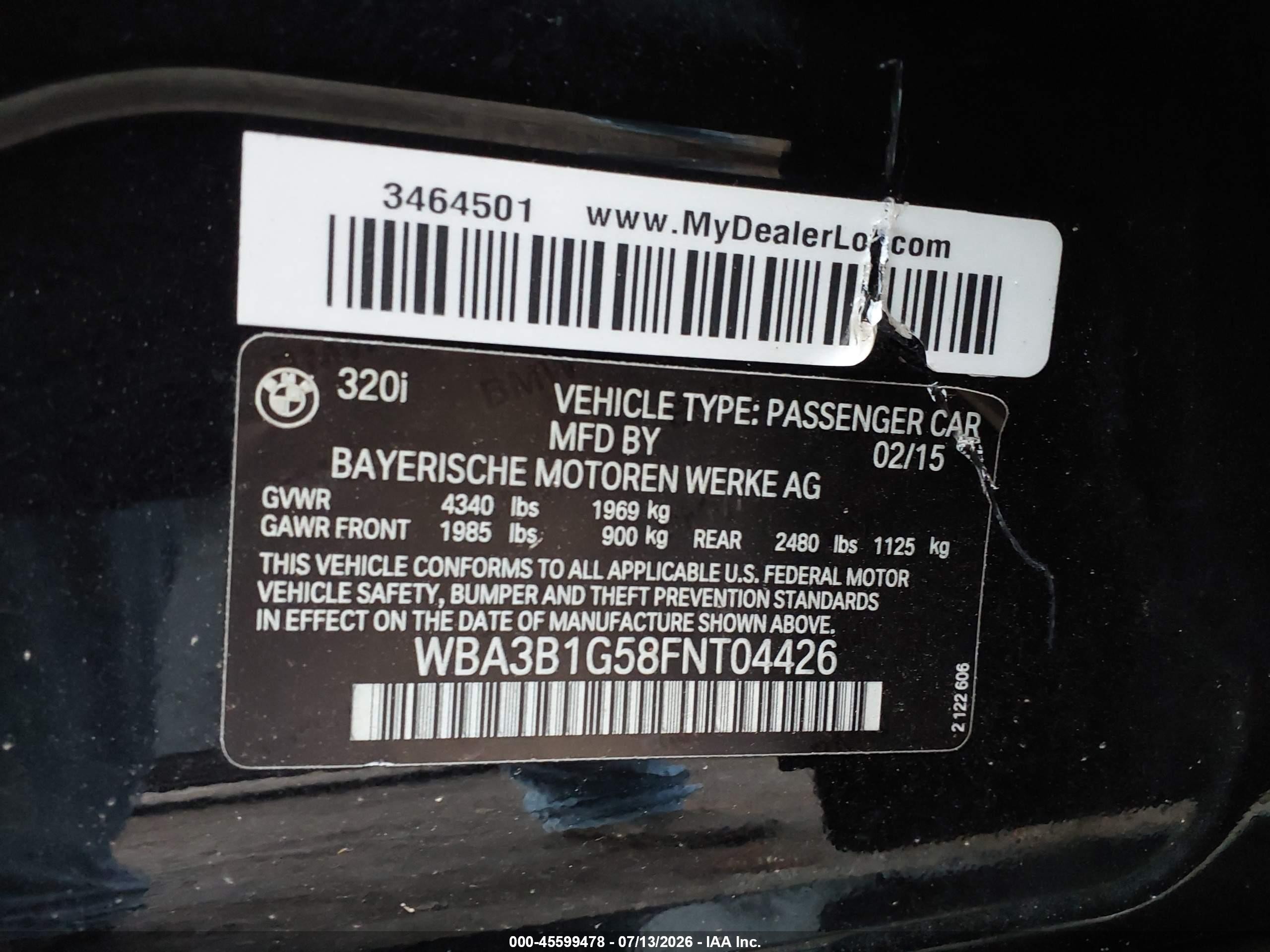 2015 Bmw 320i   Black vin: WBA3B1G58FNT04426