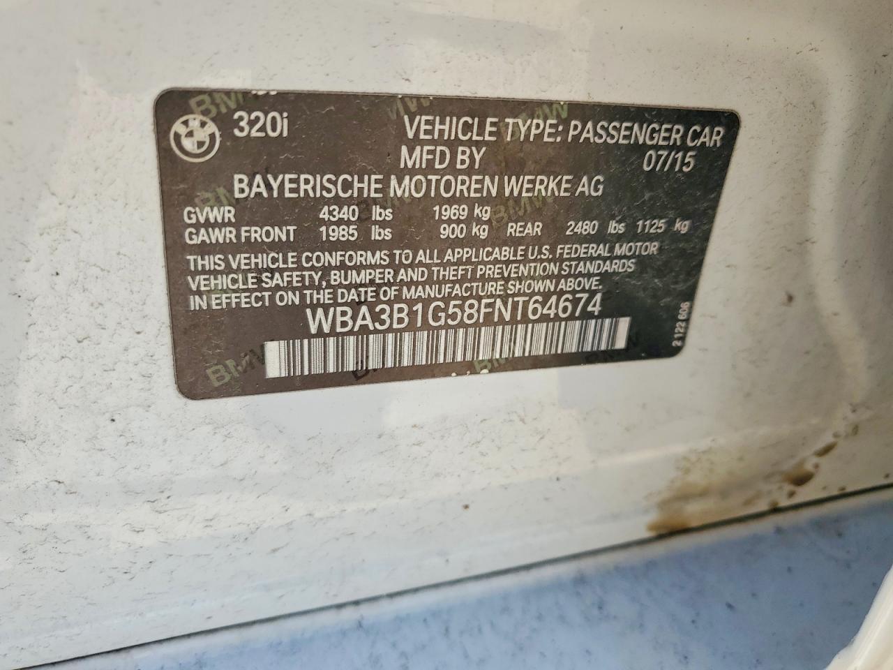 2015 Bmw 320 I White vin: WBA3B1G58FNT64674