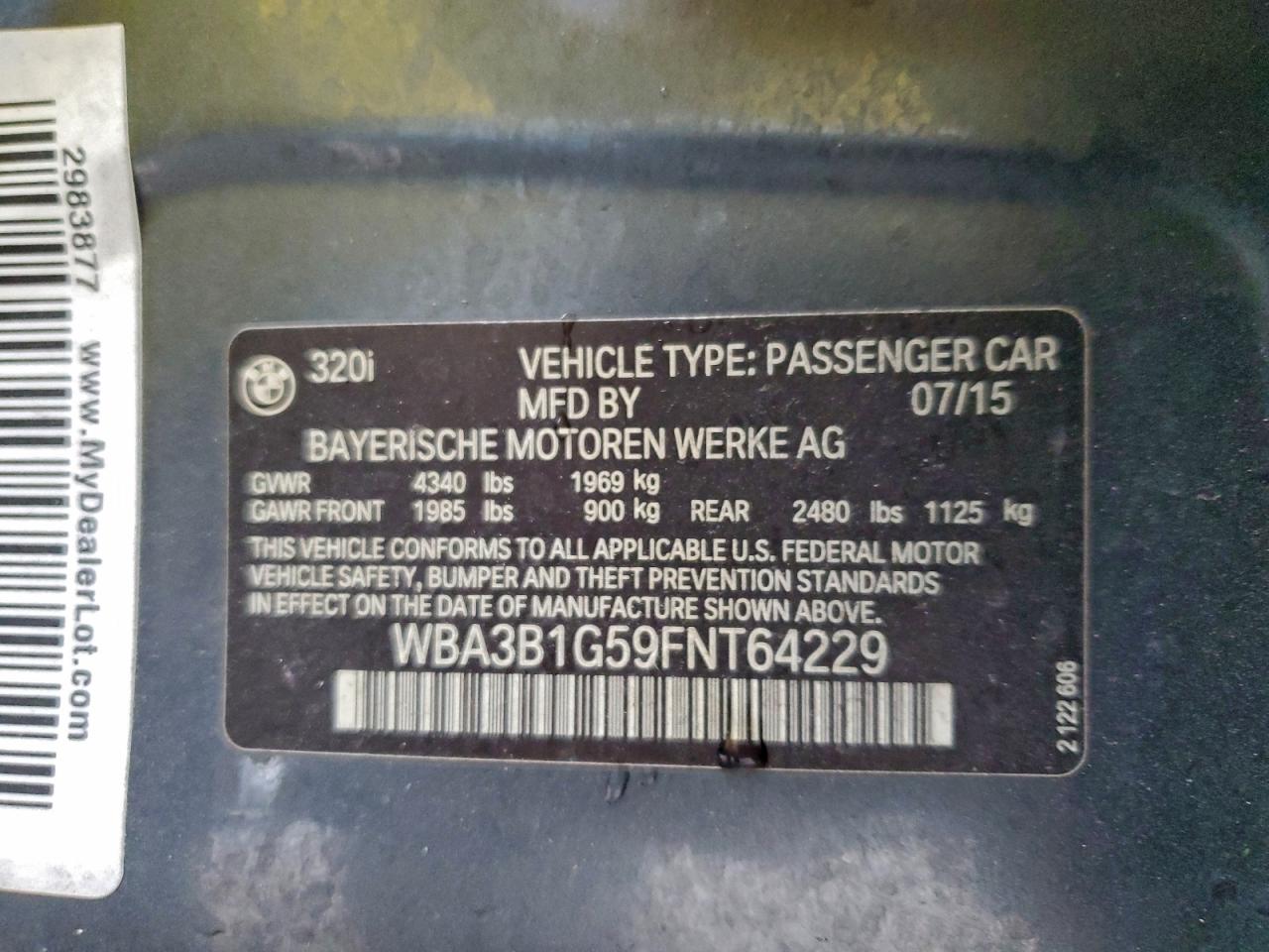 2015 Bmw 320 I Gray vin: WBA3B1G59FNT64229