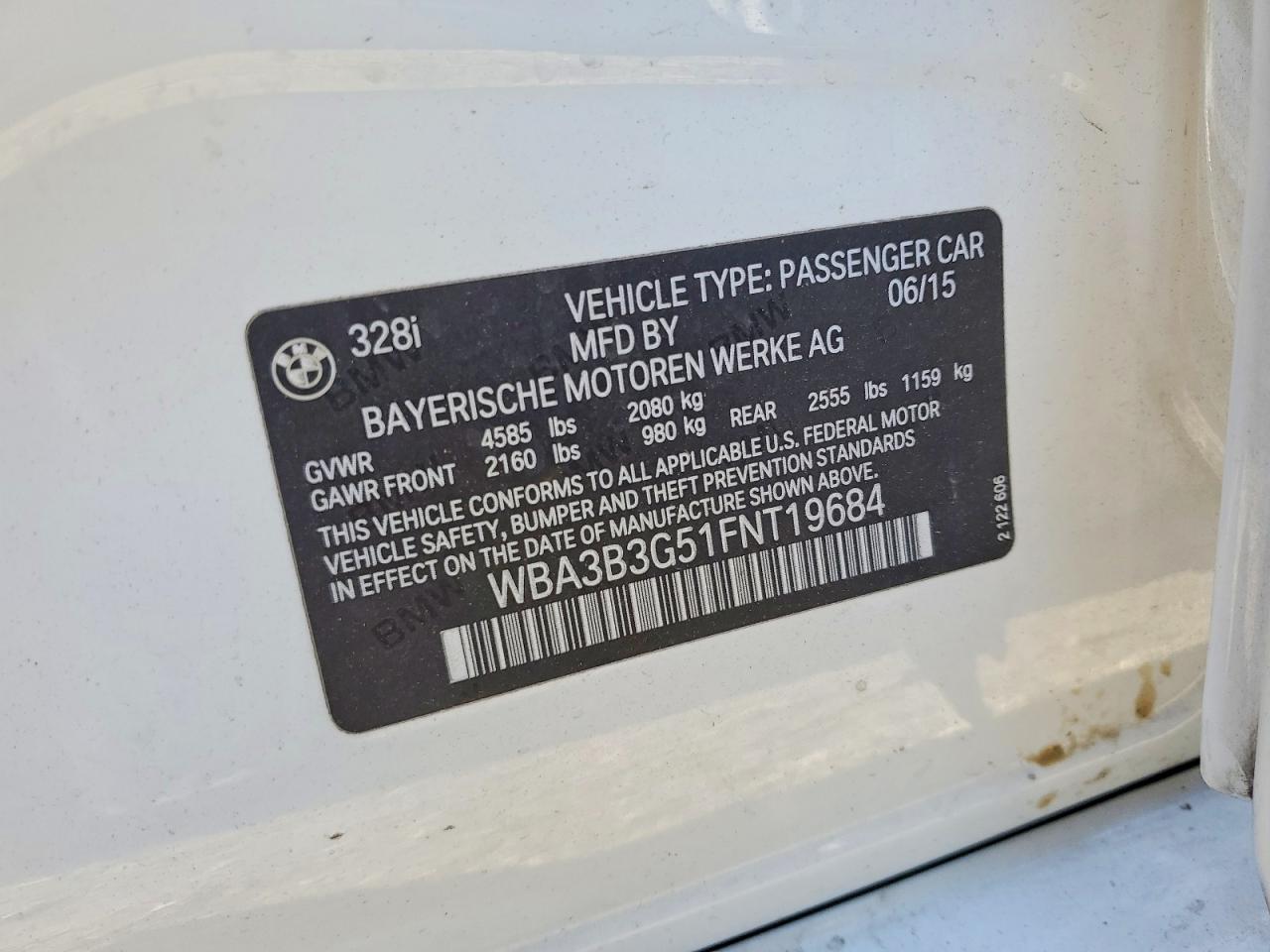 2015 Bmw 328 Xi White vin: WBA3B3G51FNT19684