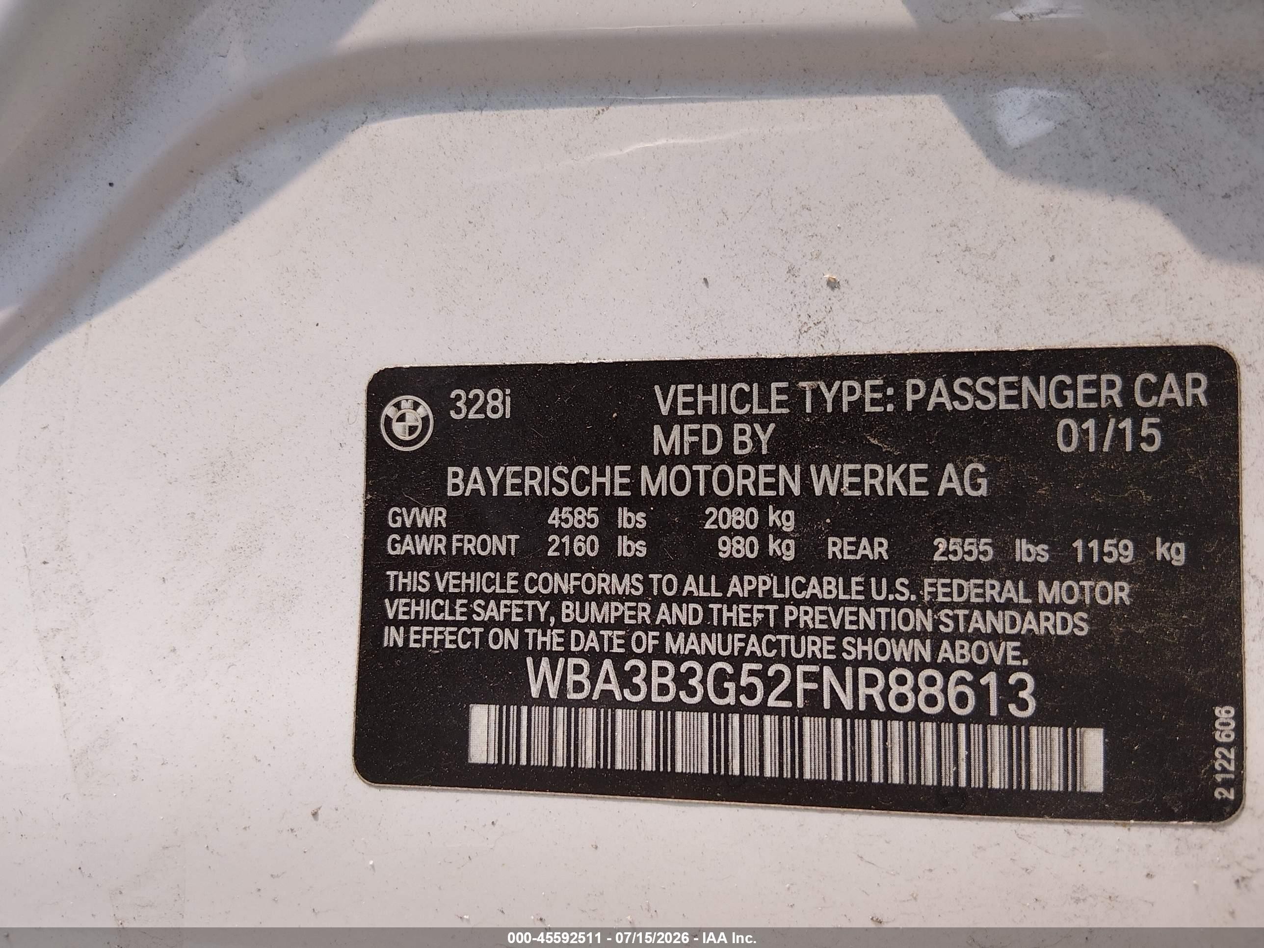 2015 Bmw 328i Xdrive White vin: WBA3B3G52FNR88613