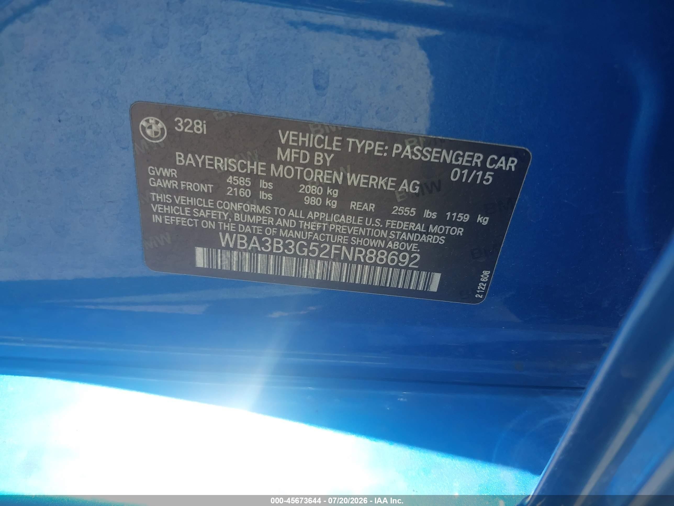 2015 Bmw 328i Xdrive Blue vin: WBA3B3G52FNR88692