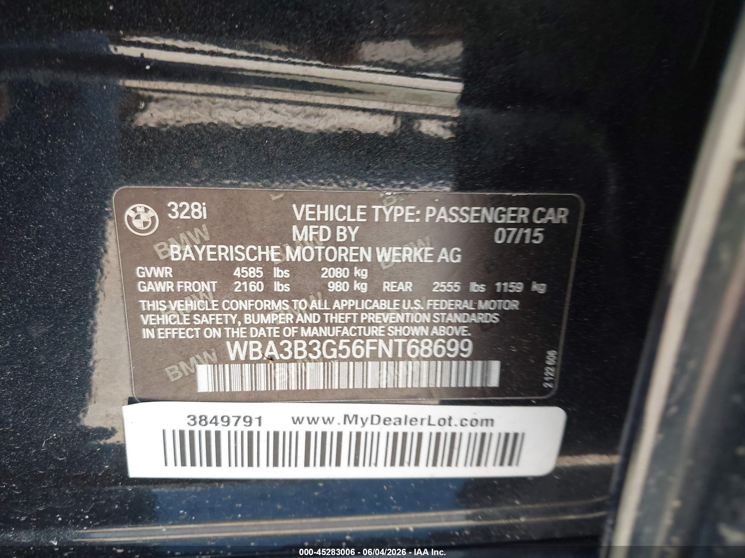 2015 Bmw 328i Xdrive Black vin: WBA3B3G56FNT68699