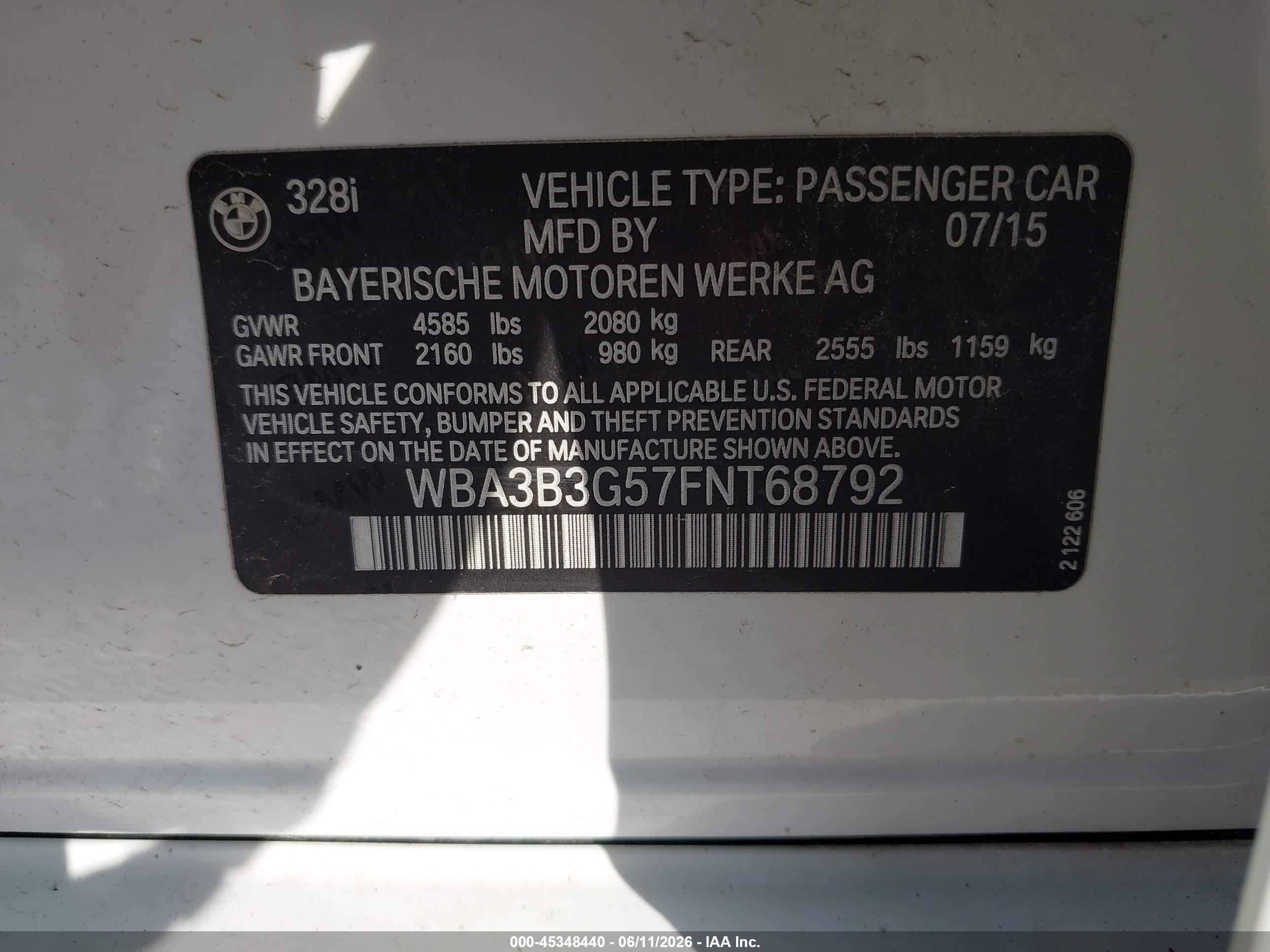 2015 Bmw 328i Xdrive White vin: WBA3B3G57FNT68792