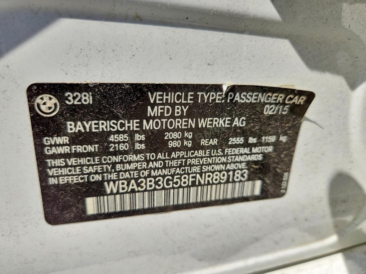 2015 Bmw 328 Xi White vin: WBA3B3G58FNR89183