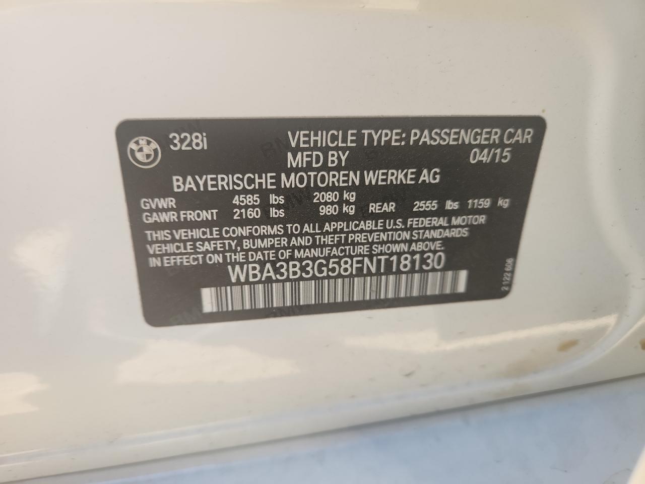 2015 Bmw 328 Xi White vin: WBA3B3G58FNT18130