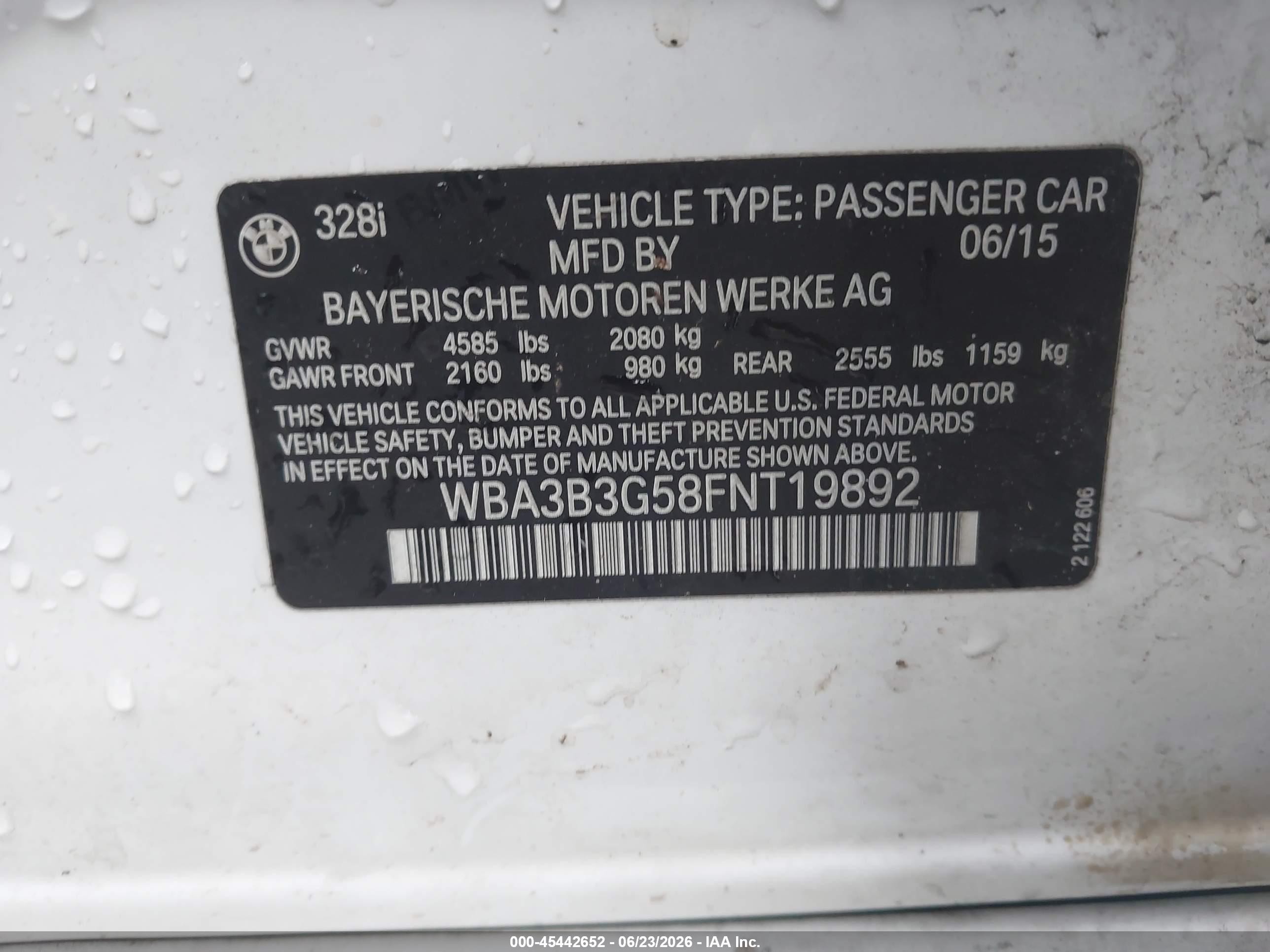 2015 Bmw 328i Xdrive White vin: WBA3B3G58FNT19892