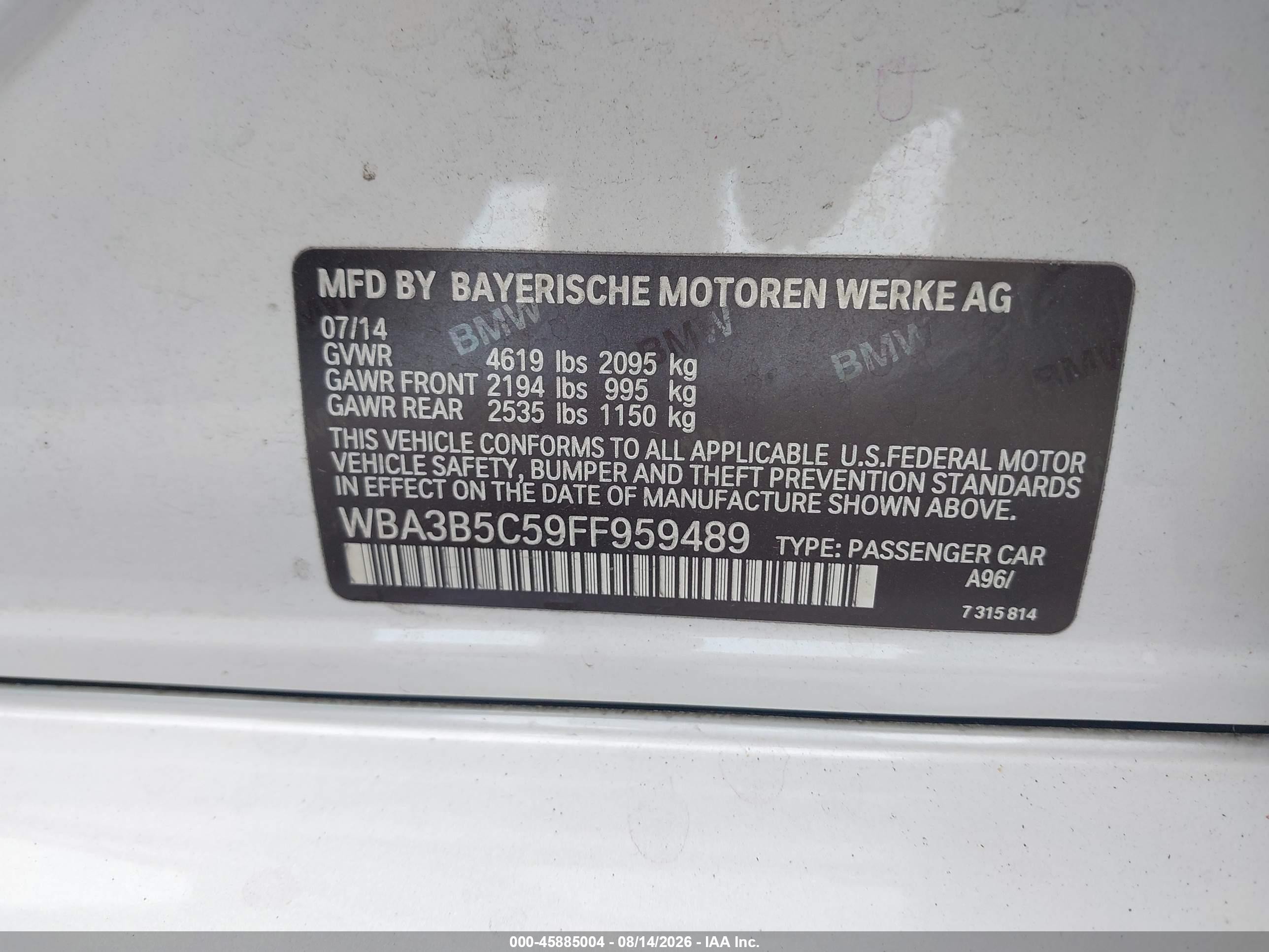 2015 Bmw 328i Xdrive White vin: WBA3B5C59FF959489