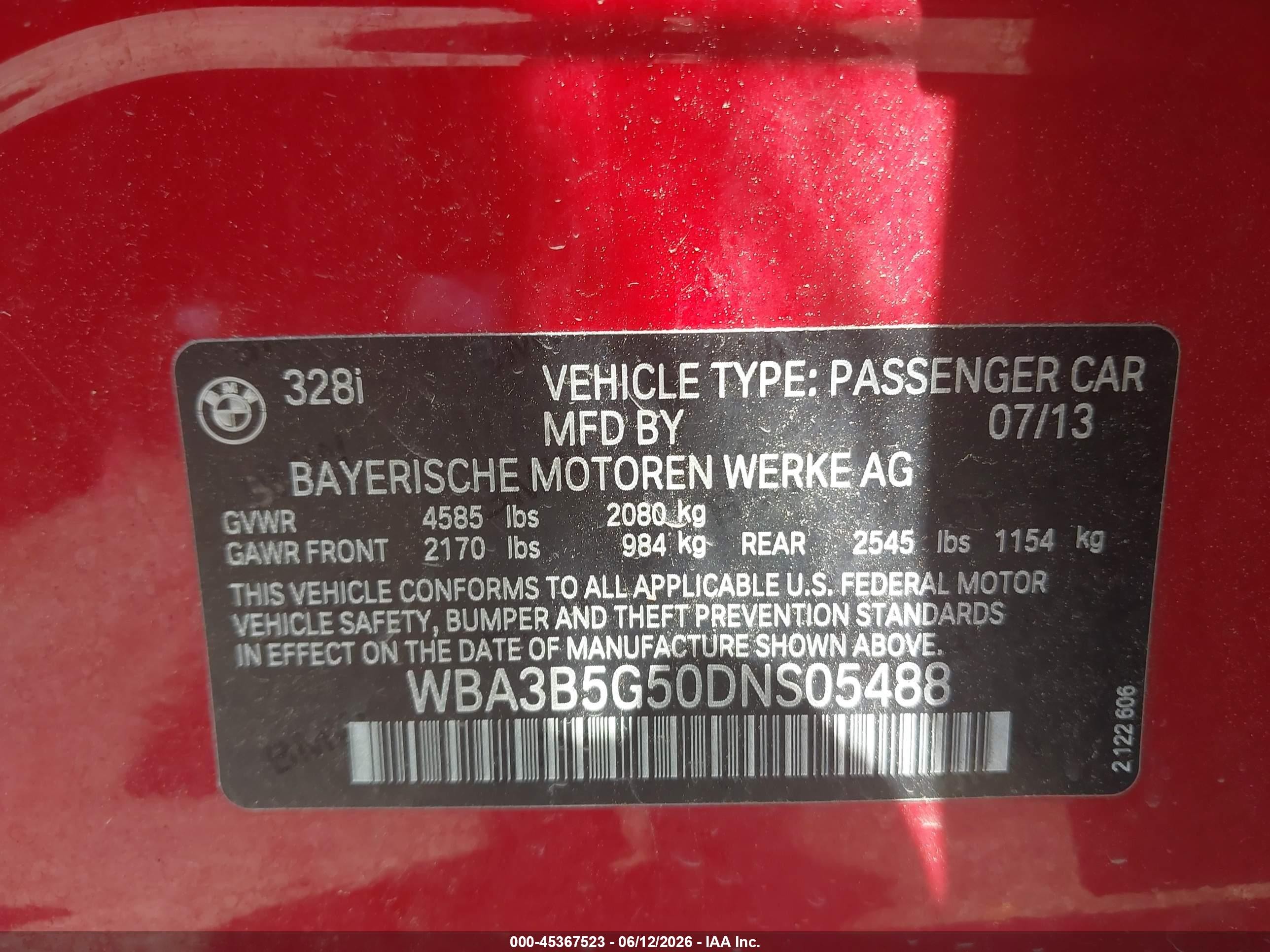 2013 Bmw 328i Xdrive Red vin: WBA3B5G50DNS05488