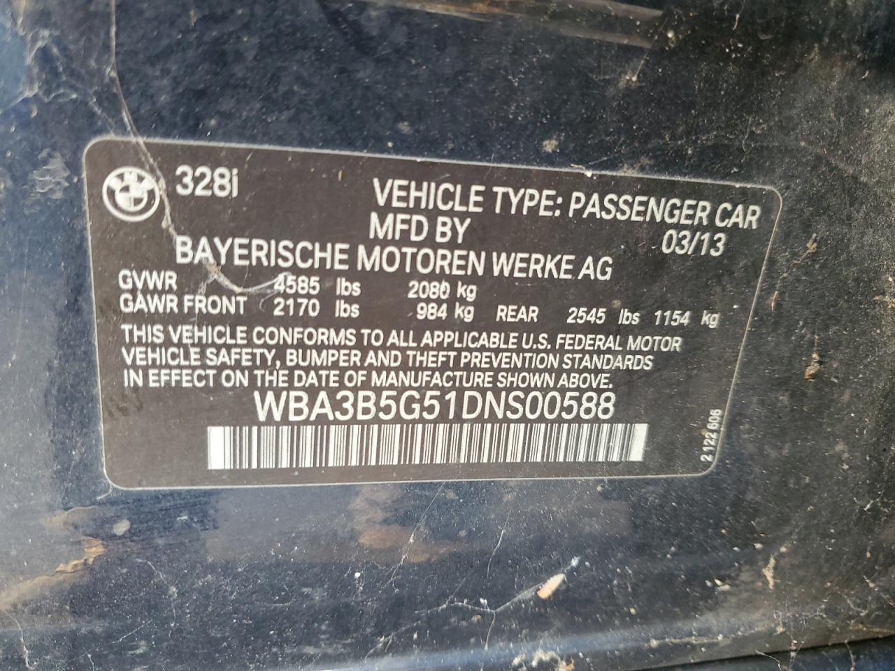 2013 Bmw 3 Series Black vin: WBA3B5G51DNS00588