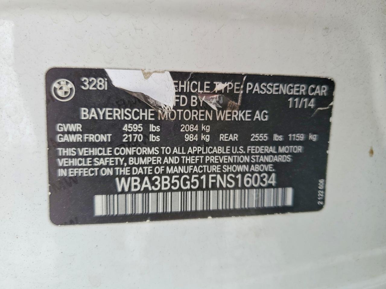 2015 Bmw 328 Xi Sulev White vin: WBA3B5G51FNS16034