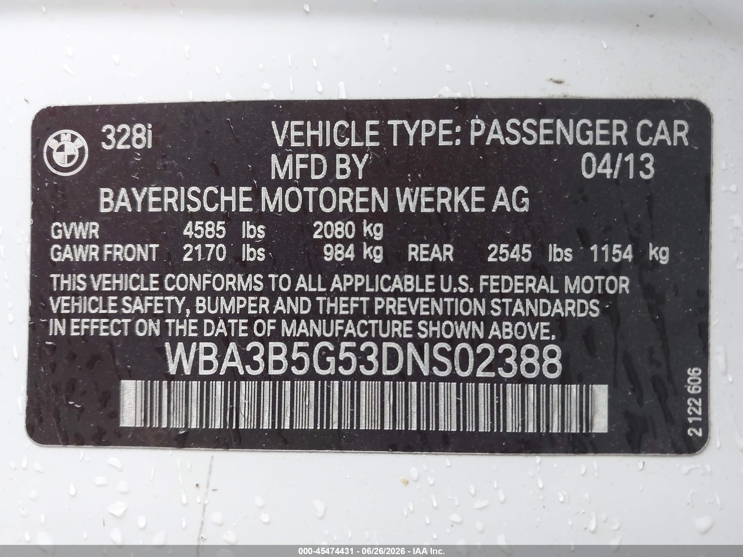 2013 Bmw 328i Xdrive White vin: WBA3B5G53DNS02388