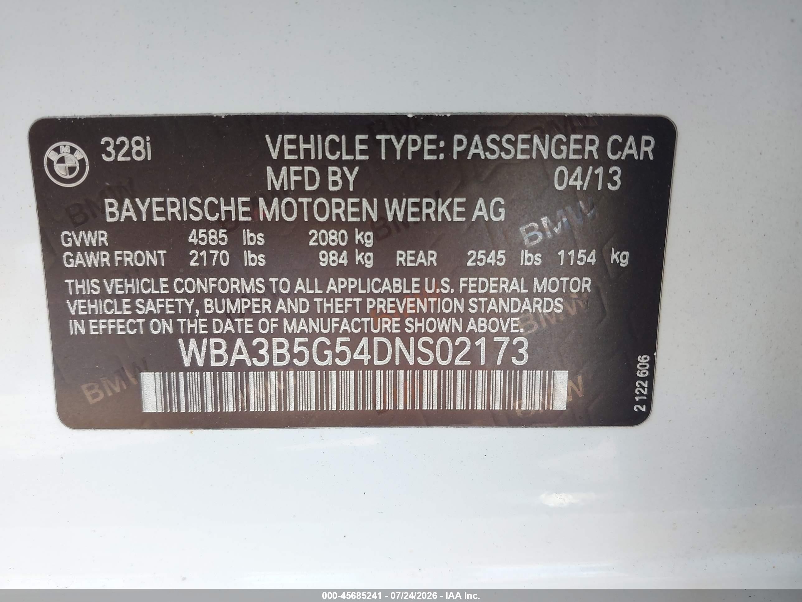 2013 Bmw 328i Xdrive Белый vin: WBA3B5G54DNS02173