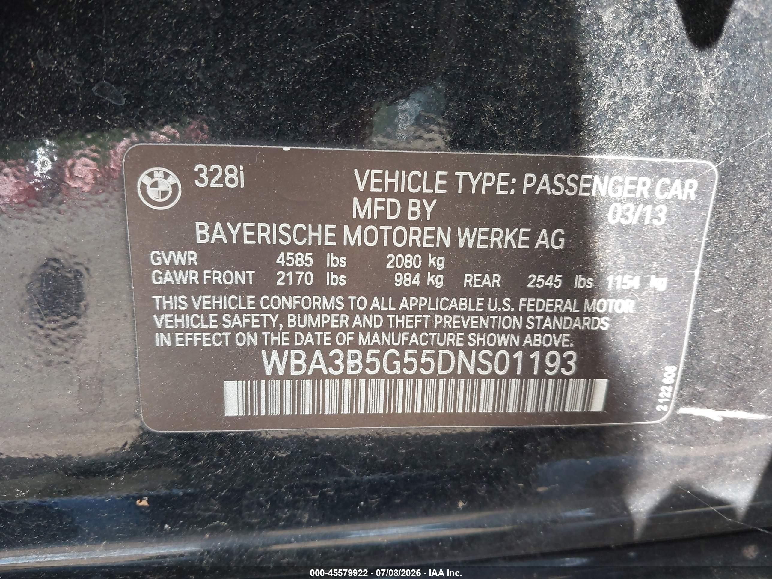 2013 Bmw 328i Xdrive Black vin: WBA3B5G55DNS01193