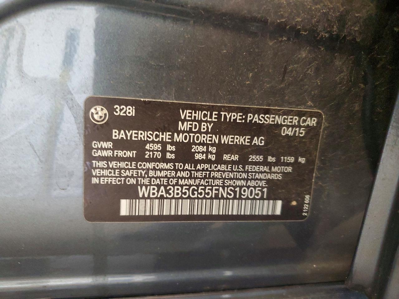 2015 Bmw 328 Xi Sulev Gray vin: WBA3B5G55FNS19051