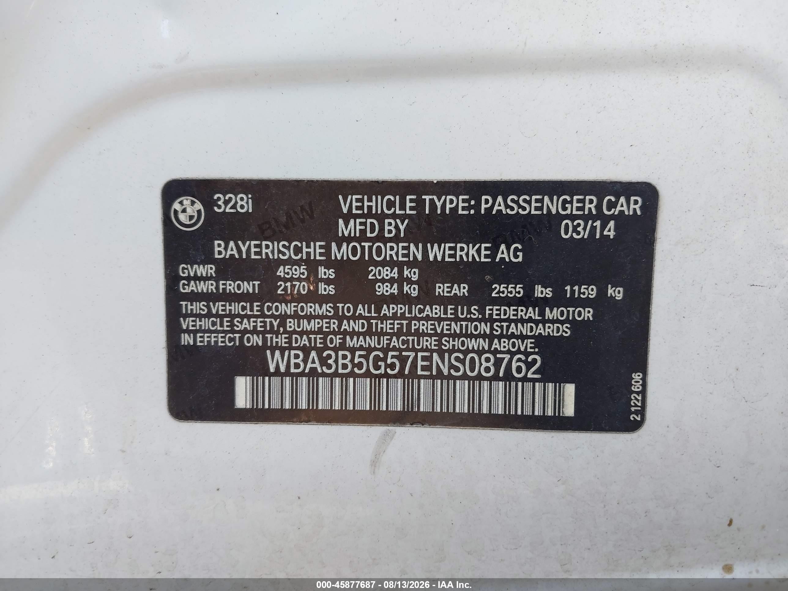 2014 Bmw 328i Xdrive White vin: WBA3B5G57ENS08762