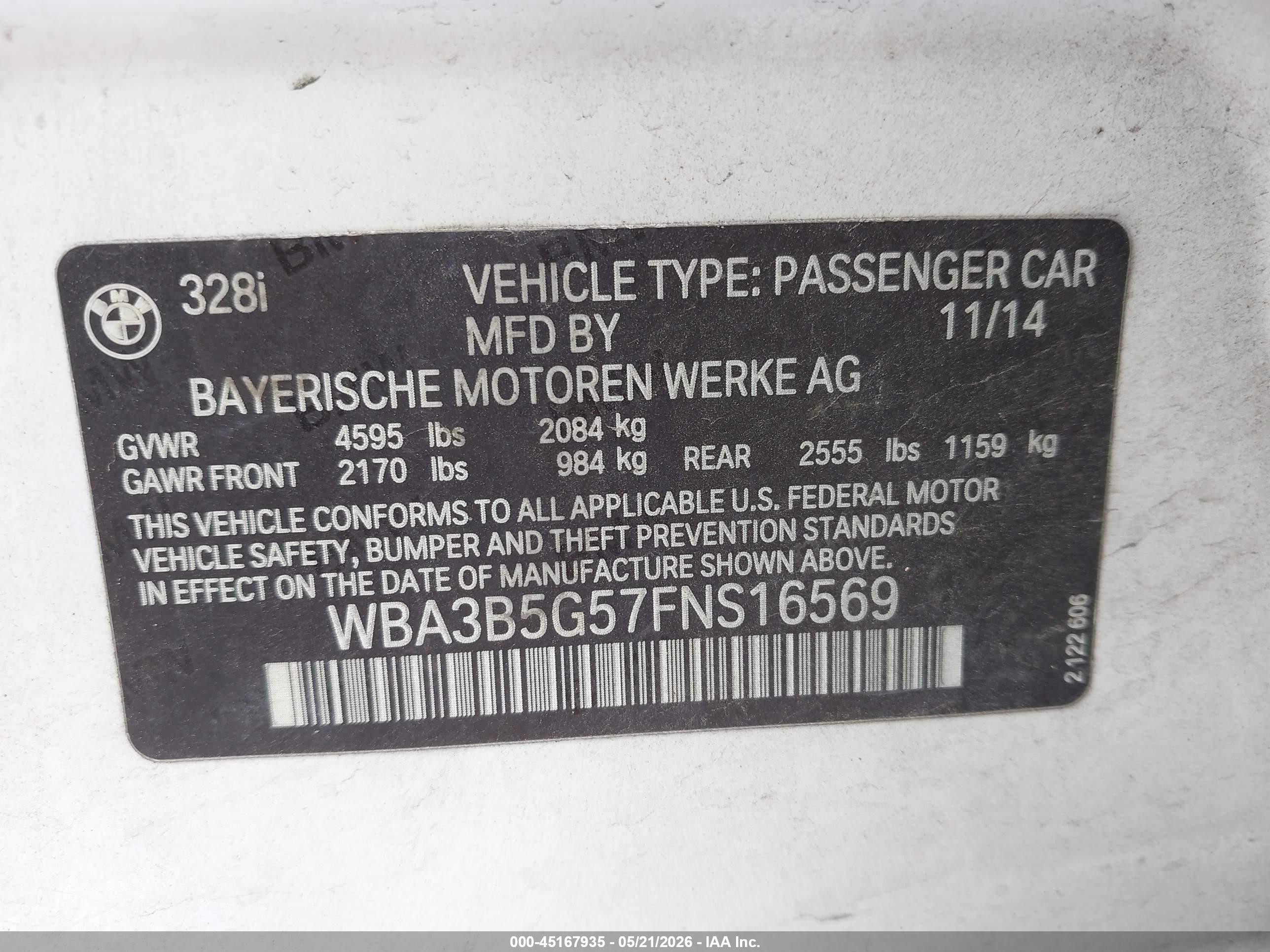 2015 Bmw 328i Xdrive White vin: WBA3B5G57FNS16569