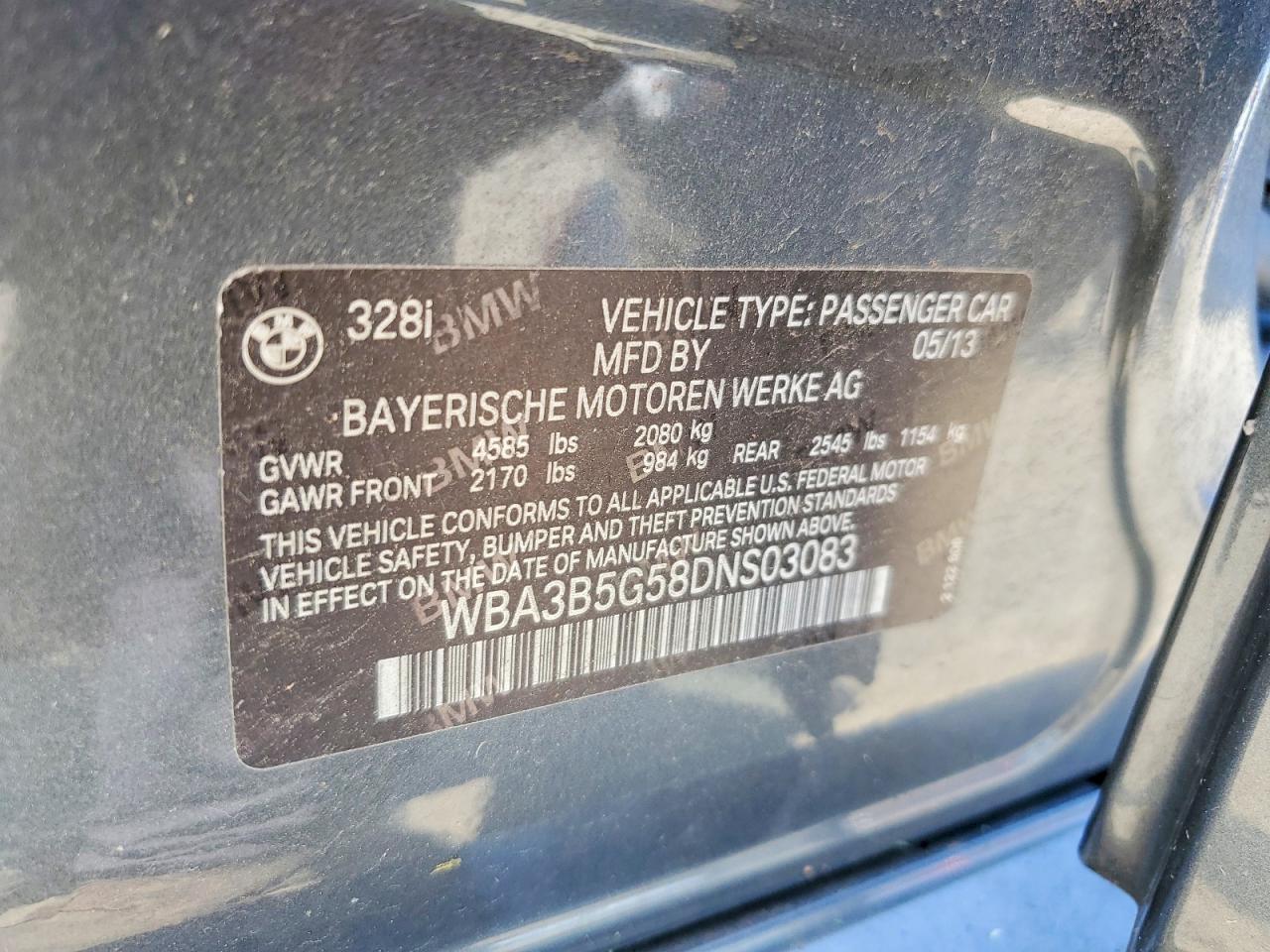2013 Bmw 328 Xi Sulev Gray vin: WBA3B5G58DNS03083