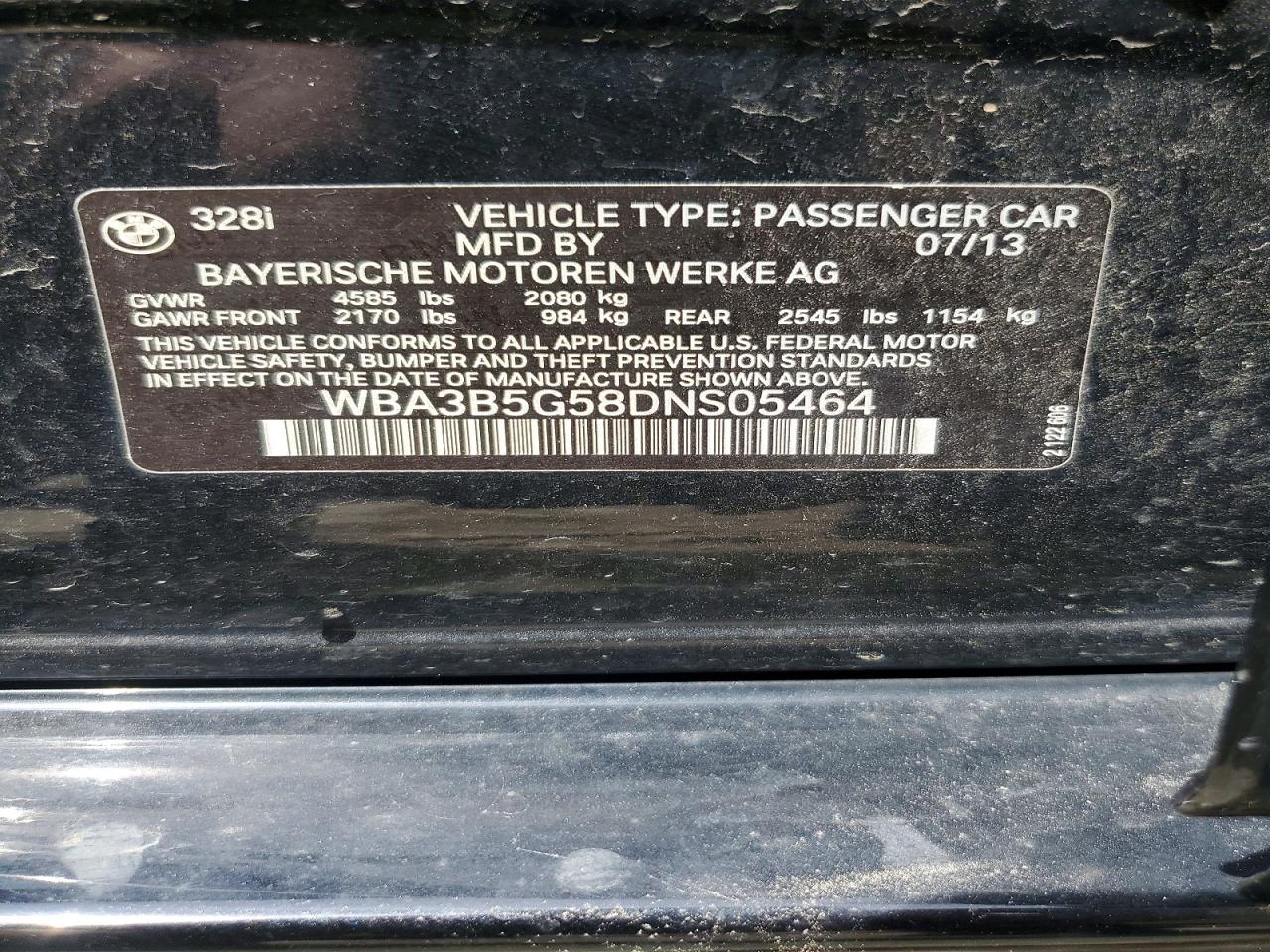 2013 Bmw 328 Xi Sulev Black vin: WBA3B5G58DNS05464