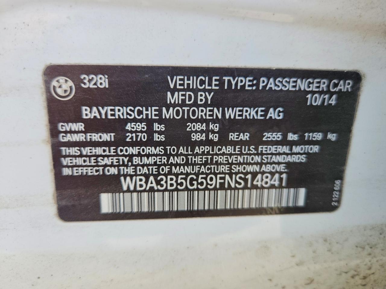 2015 Bmw 328 Xi Sulev White vin: WBA3B5G59FNS14841