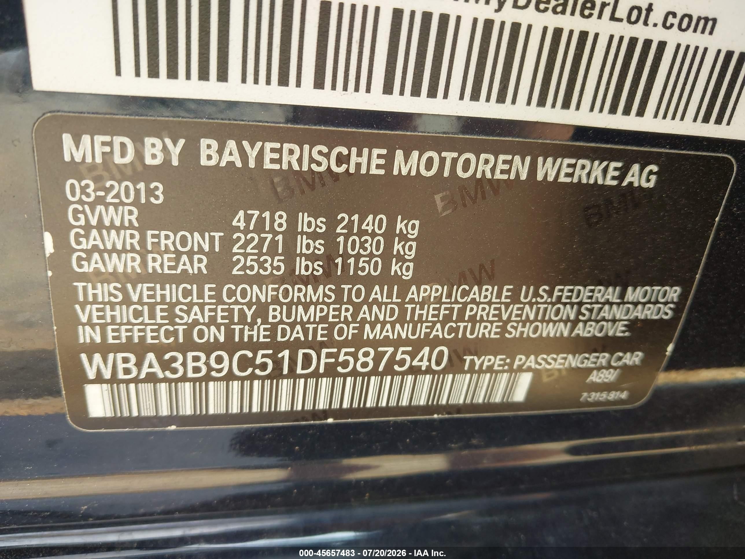 2013 Bmw 335i Xdrive Dark Blue vin: WBA3B9C51DF587540