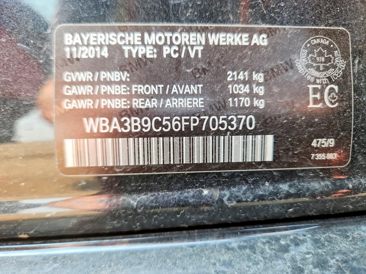 2015 Bmw 335 Xi Charcoal vin: WBA3B9C56FP705370