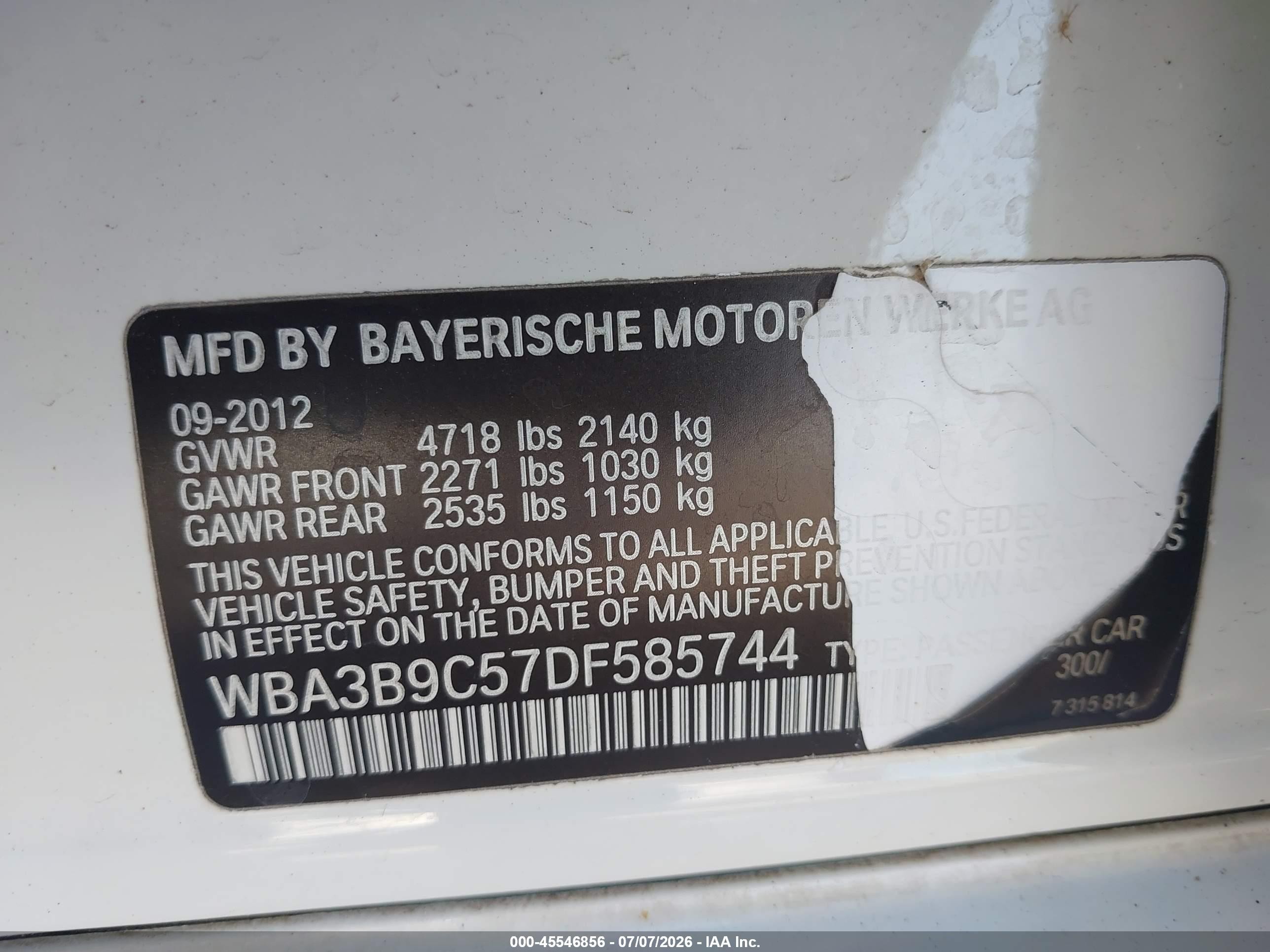 2013 Bmw 335i Xdrive White vin: WBA3B9C57DF585744