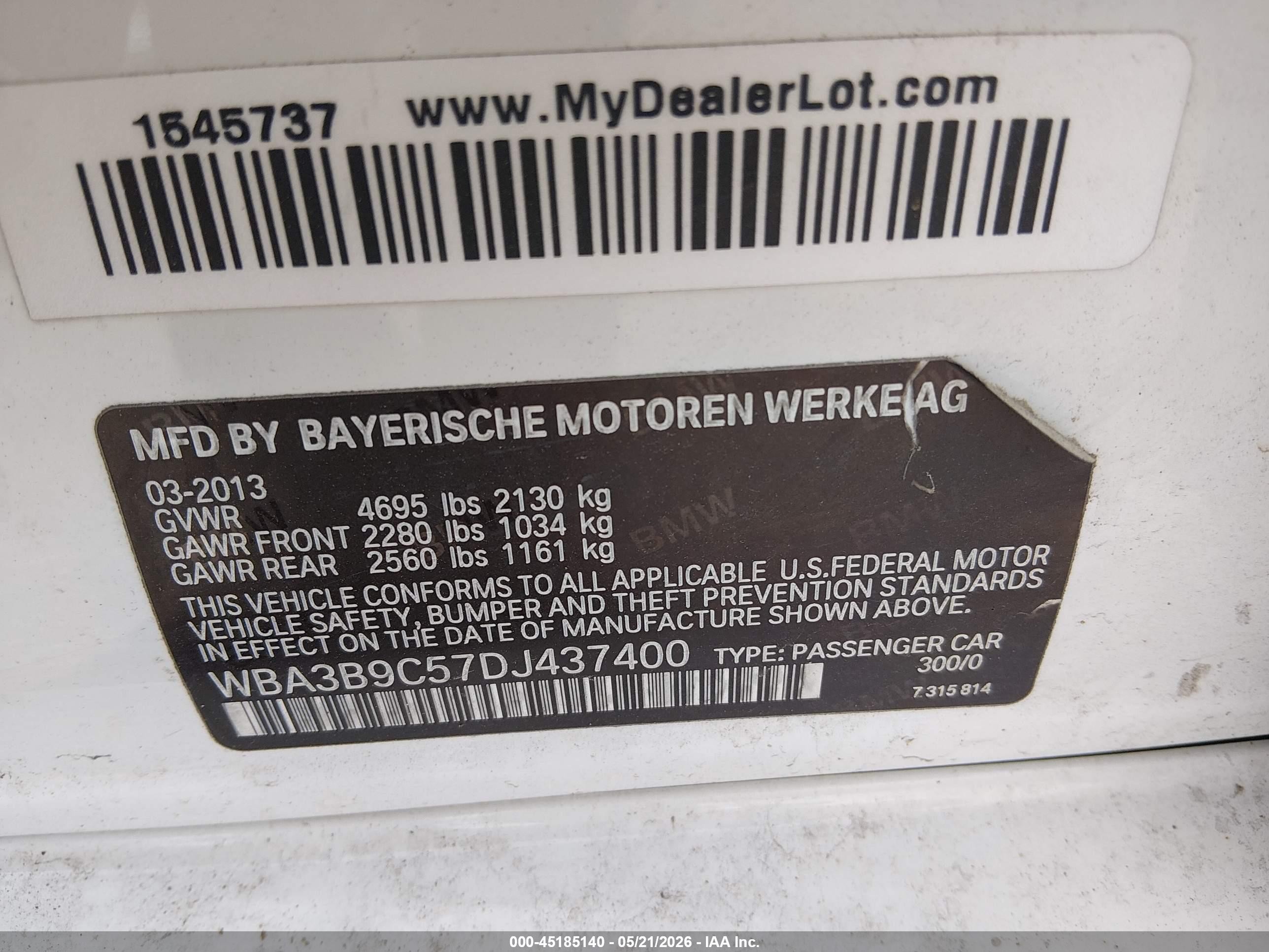 2013 Bmw 335i Xdrive White vin: WBA3B9C57DJ437400