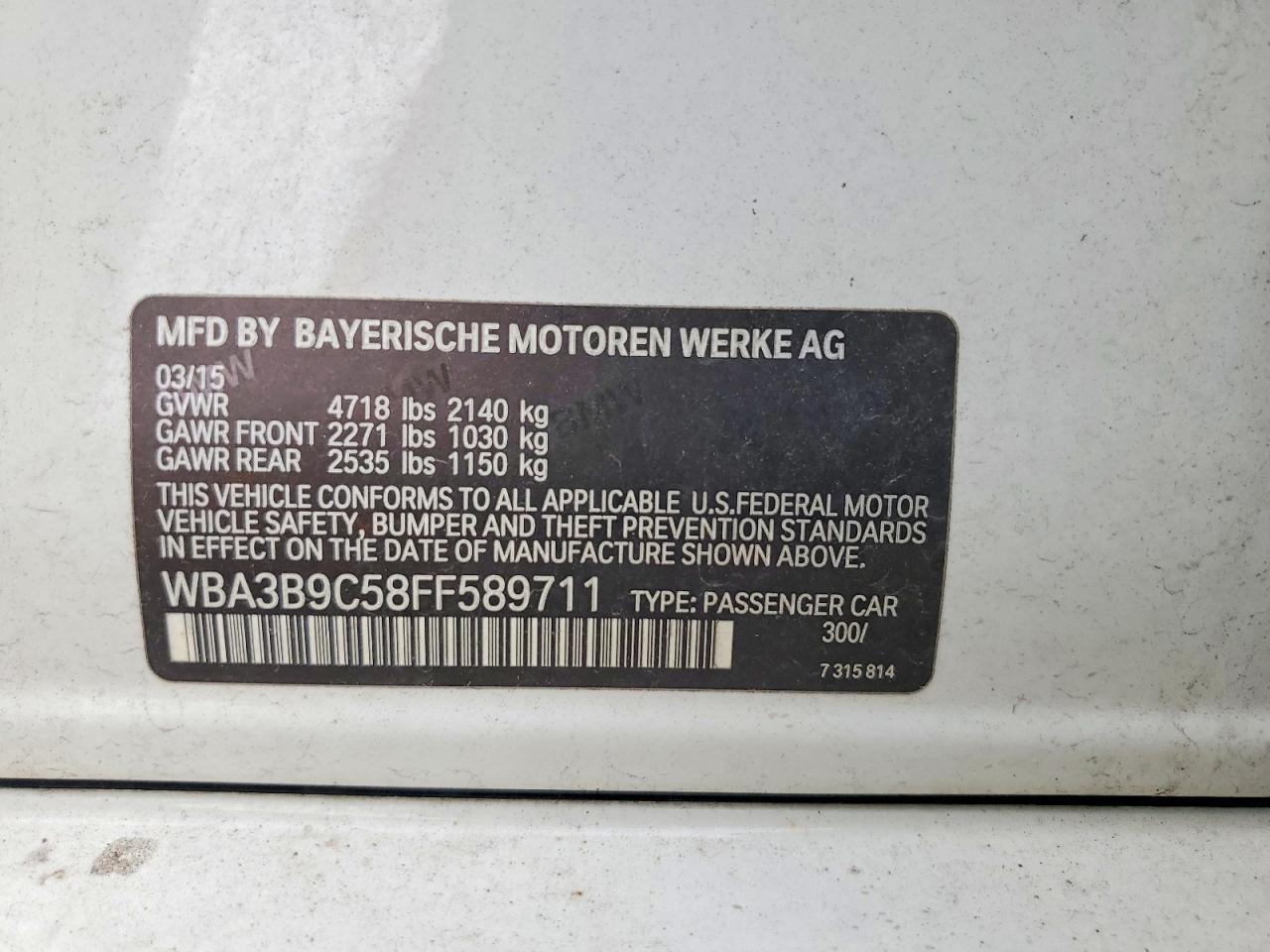 2015 Bmw 335 White vin: WBA3B9C58FF589711