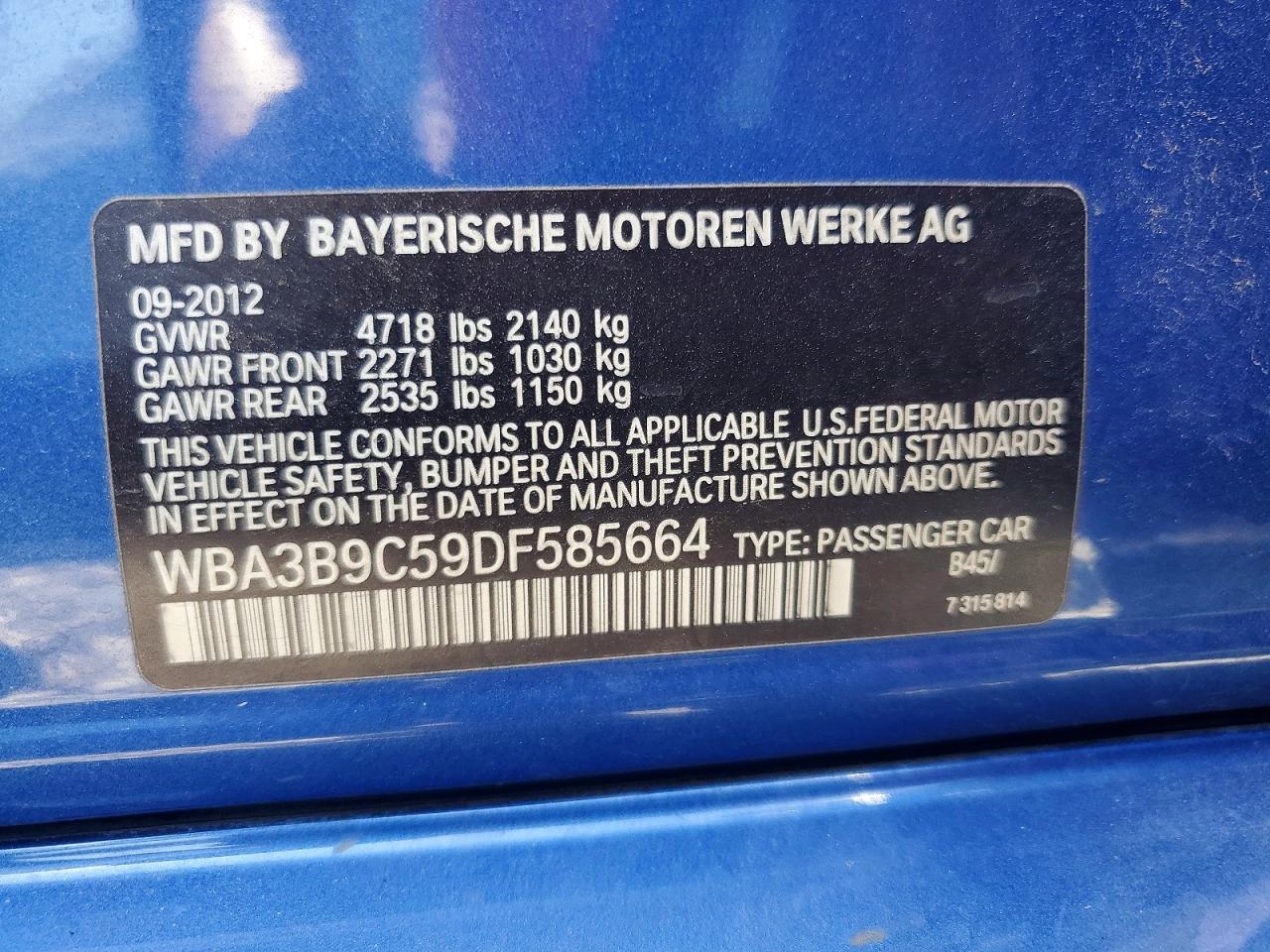 2013 Bmw 335 Xi Blue vin: WBA3B9C59DF585664