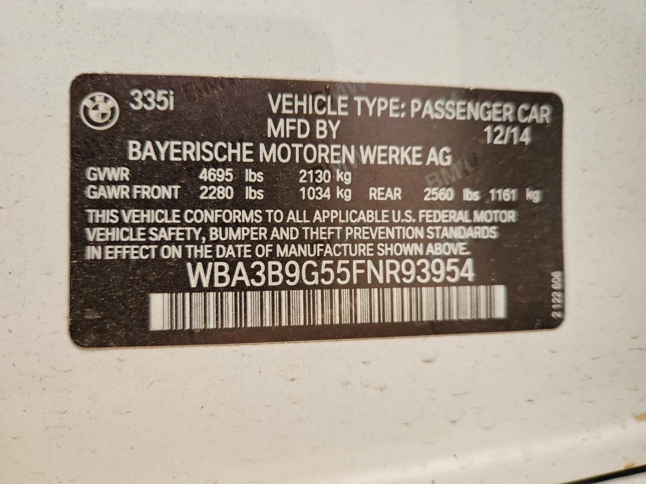 2015 Bmw 335 Xi White vin: WBA3B9G55FNR93954