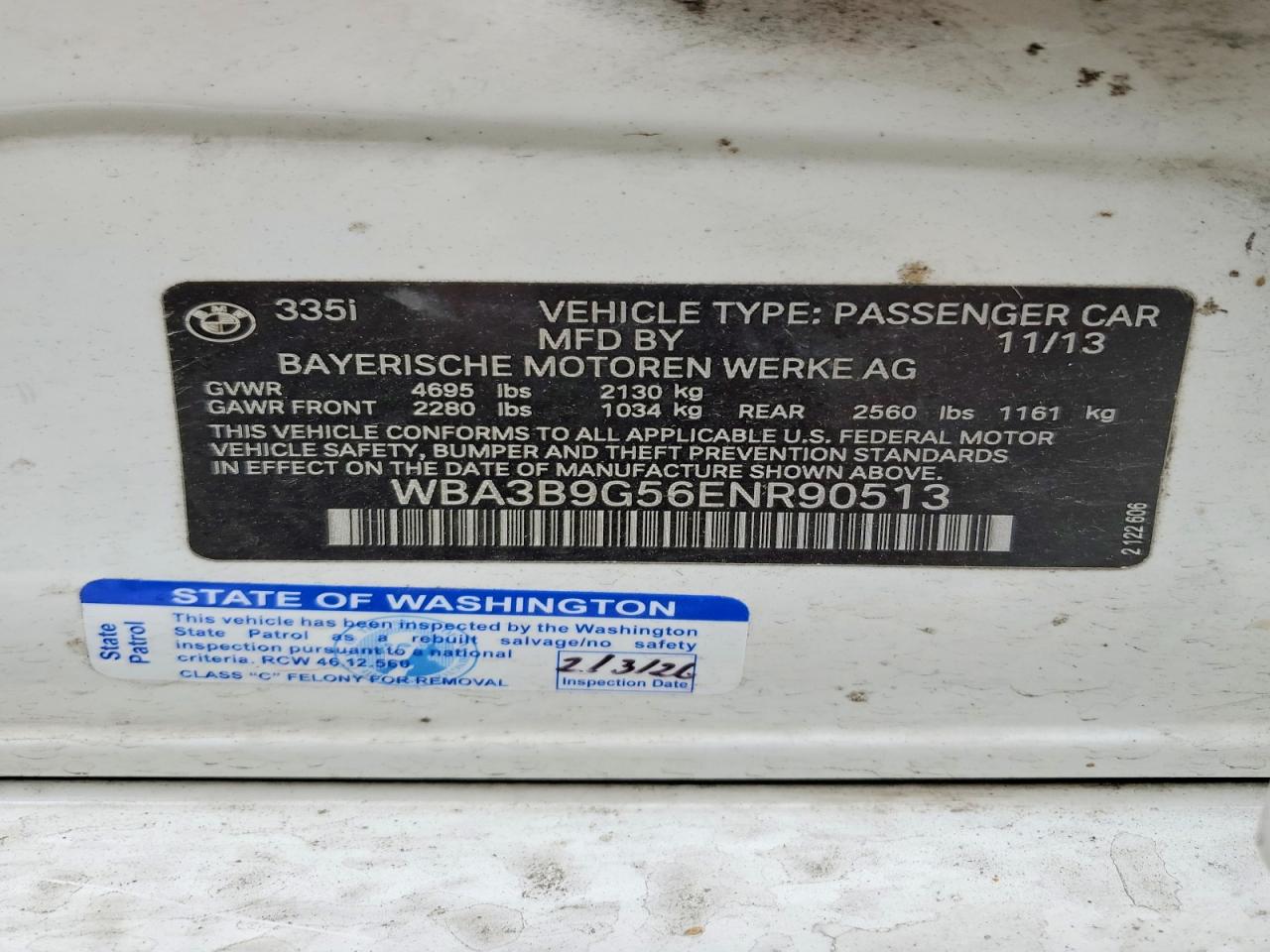 2014 Bmw 335 Xi White vin: WBA3B9G56ENR90513