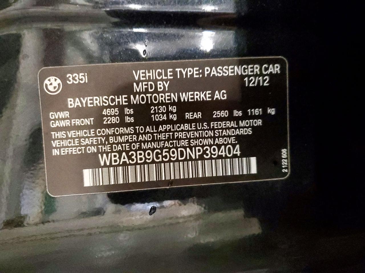 2013 Bmw 335 Xi Black vin: WBA3B9G59DNP39404