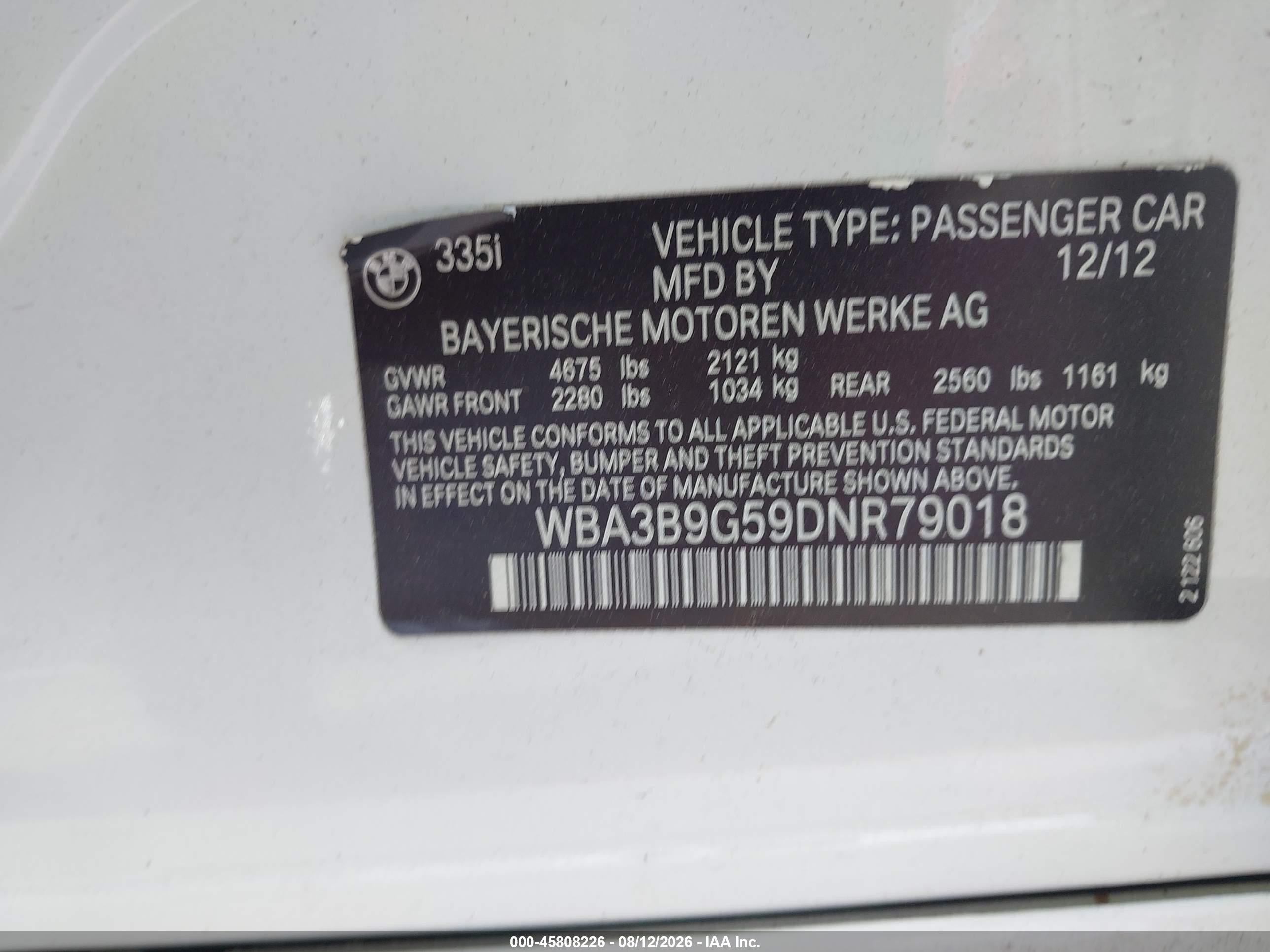 2013 Bmw 335i Xdrive White vin: WBA3B9G59DNR79018