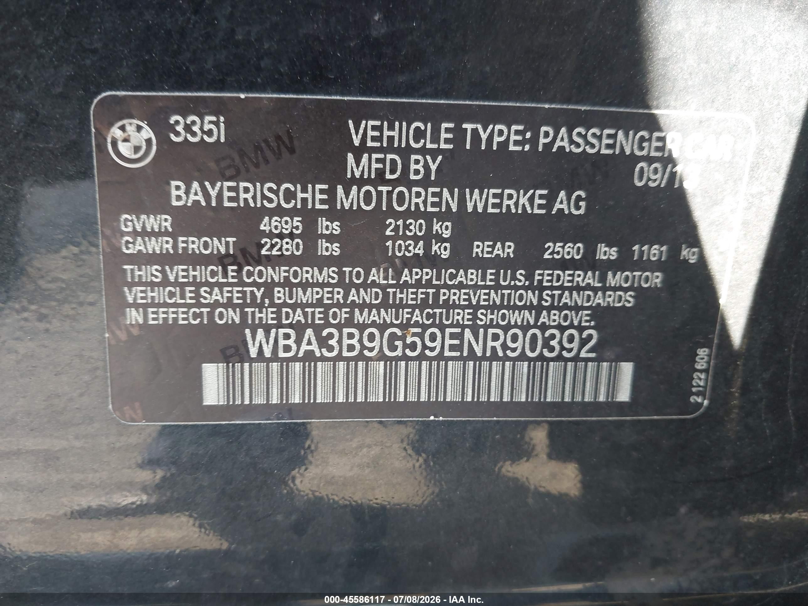 2014 Bmw 335i Xdrive Black vin: WBA3B9G59ENR90392