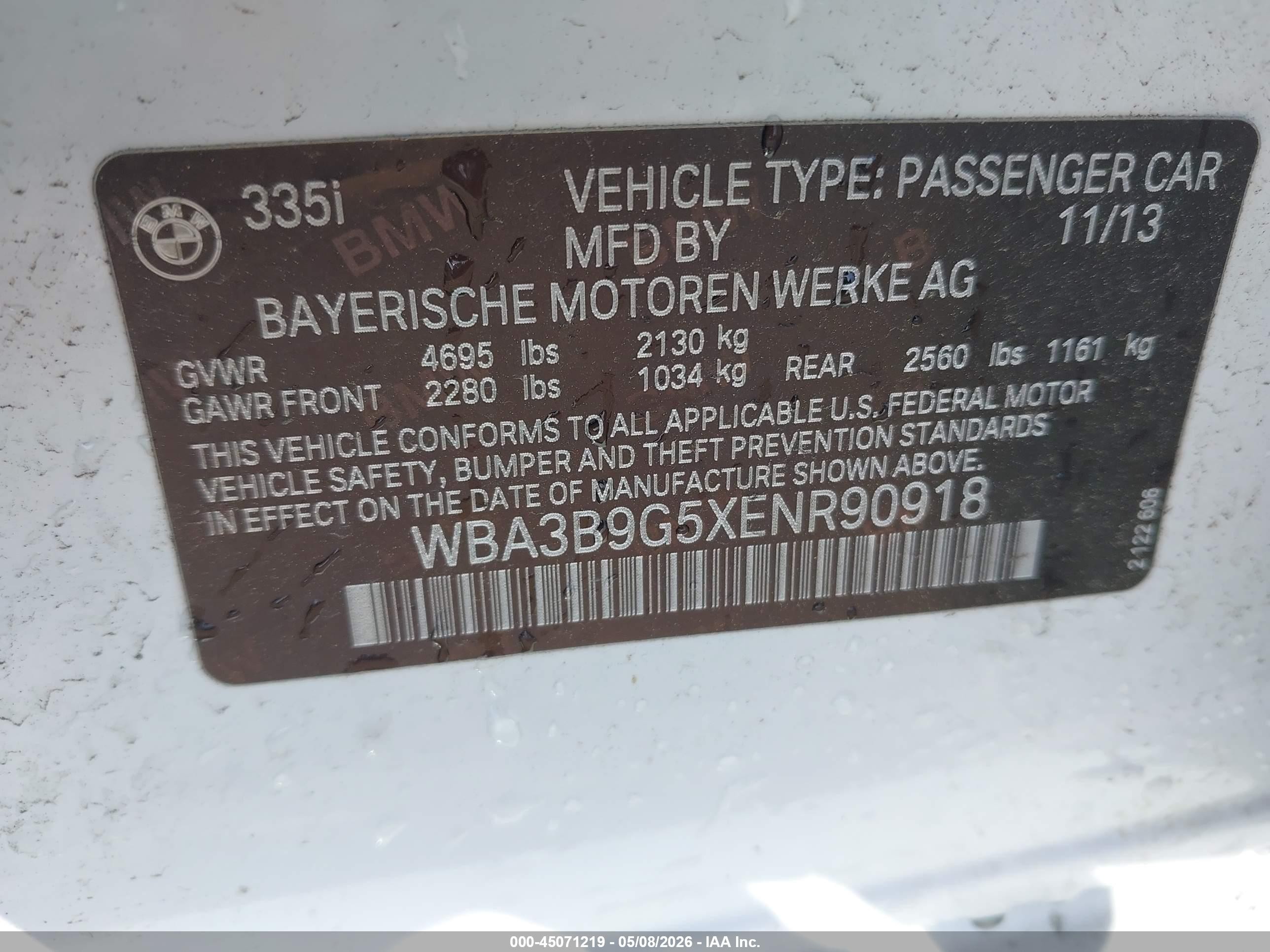 2014 Bmw 335i Xdrive White vin: WBA3B9G5XENR90918
