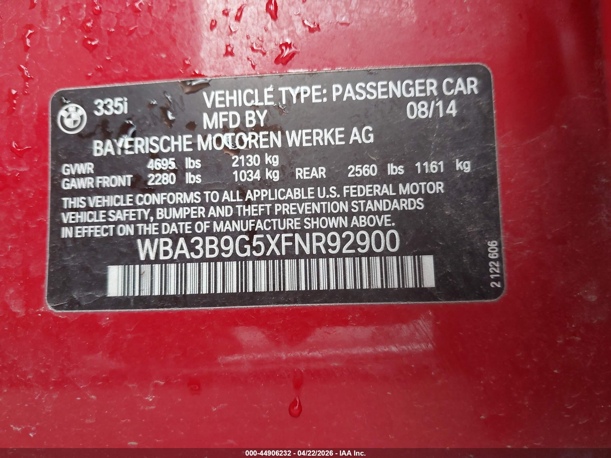 2015 Bmw 335i Xdrive Red vin: WBA3B9G5XFNR92900