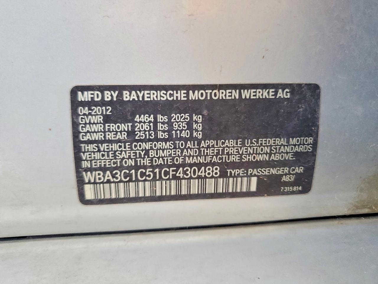 2012 Bmw 328 I Sulev Серебряный vin: WBA3C1C51CF430488