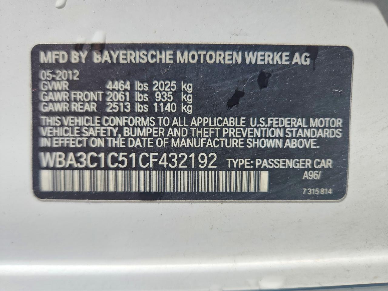 2012 Bmw 328 I Sulev White vin: WBA3C1C51CF432192
